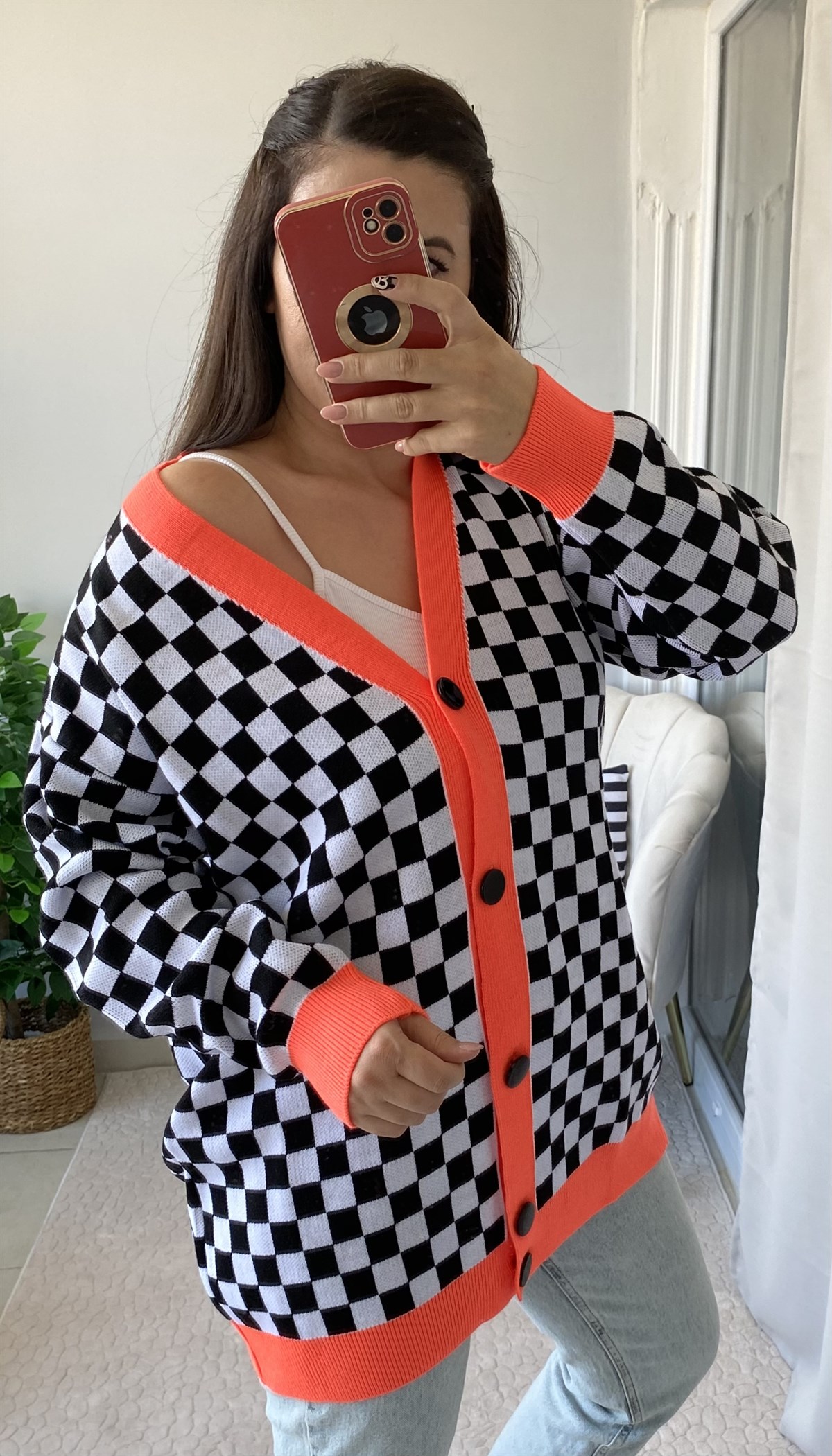 DAMA DESENLİ TURUNCU GEÇİŞLİ HIRKA