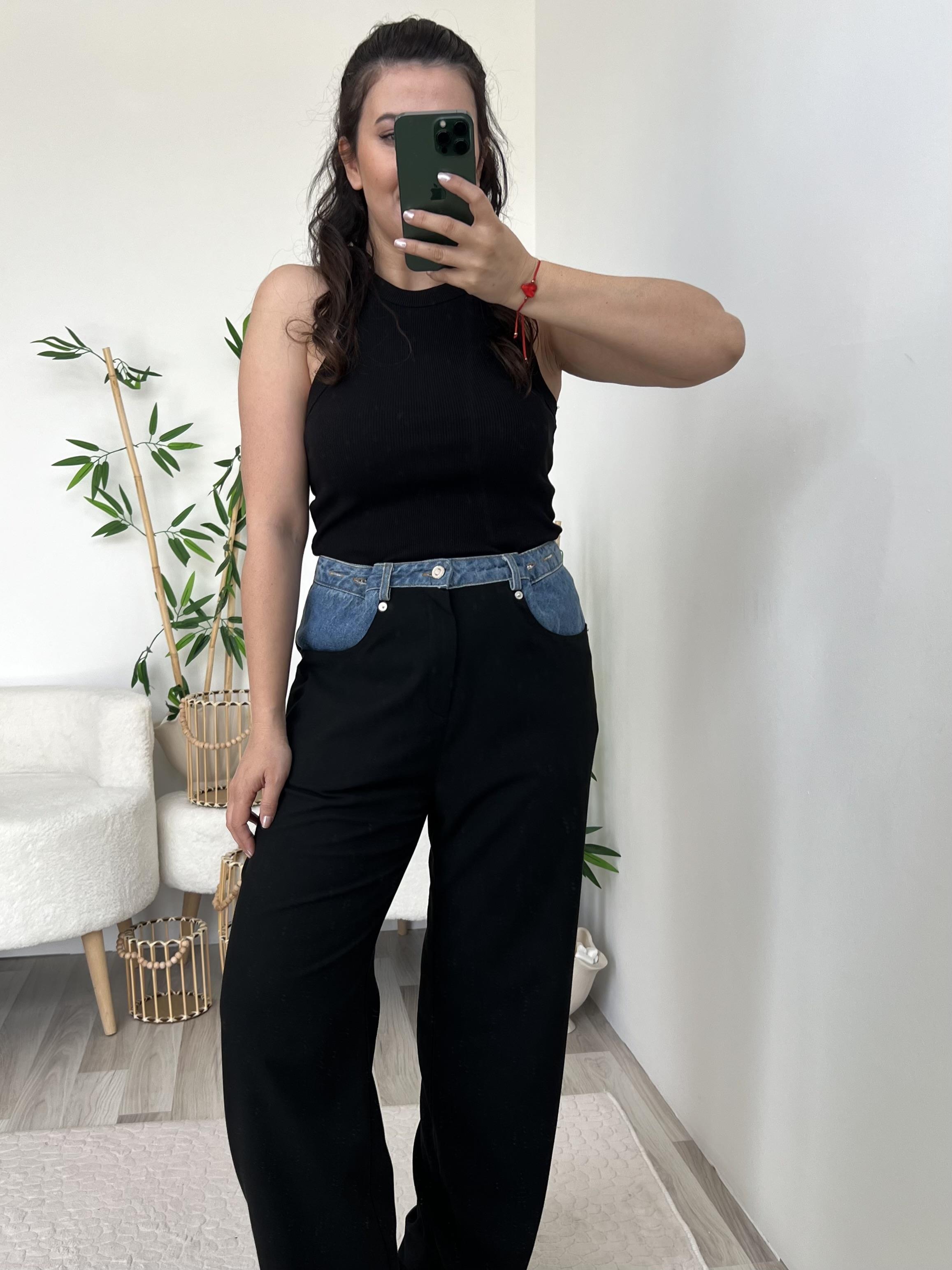 Denim Detaylı Siyah Pantolon