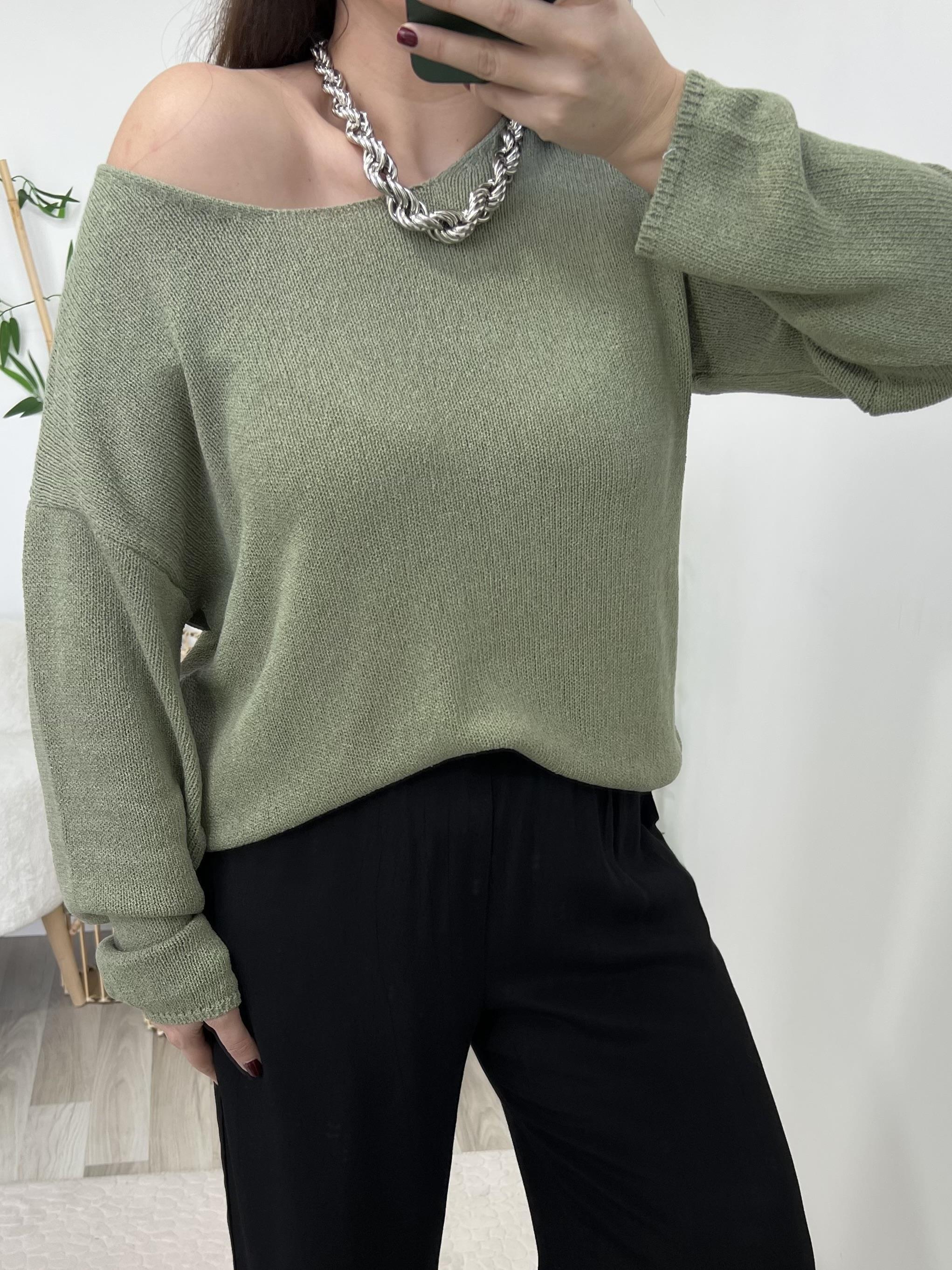 Dilvin Açık Haki Oval Yaka Triko Bluz