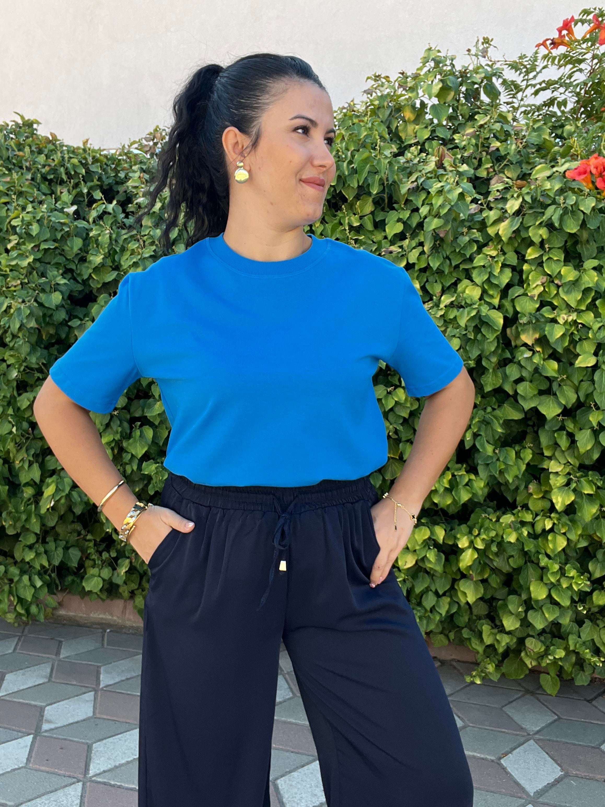 Dilvin Mavi Dekoratif Yaka Premium Tişört