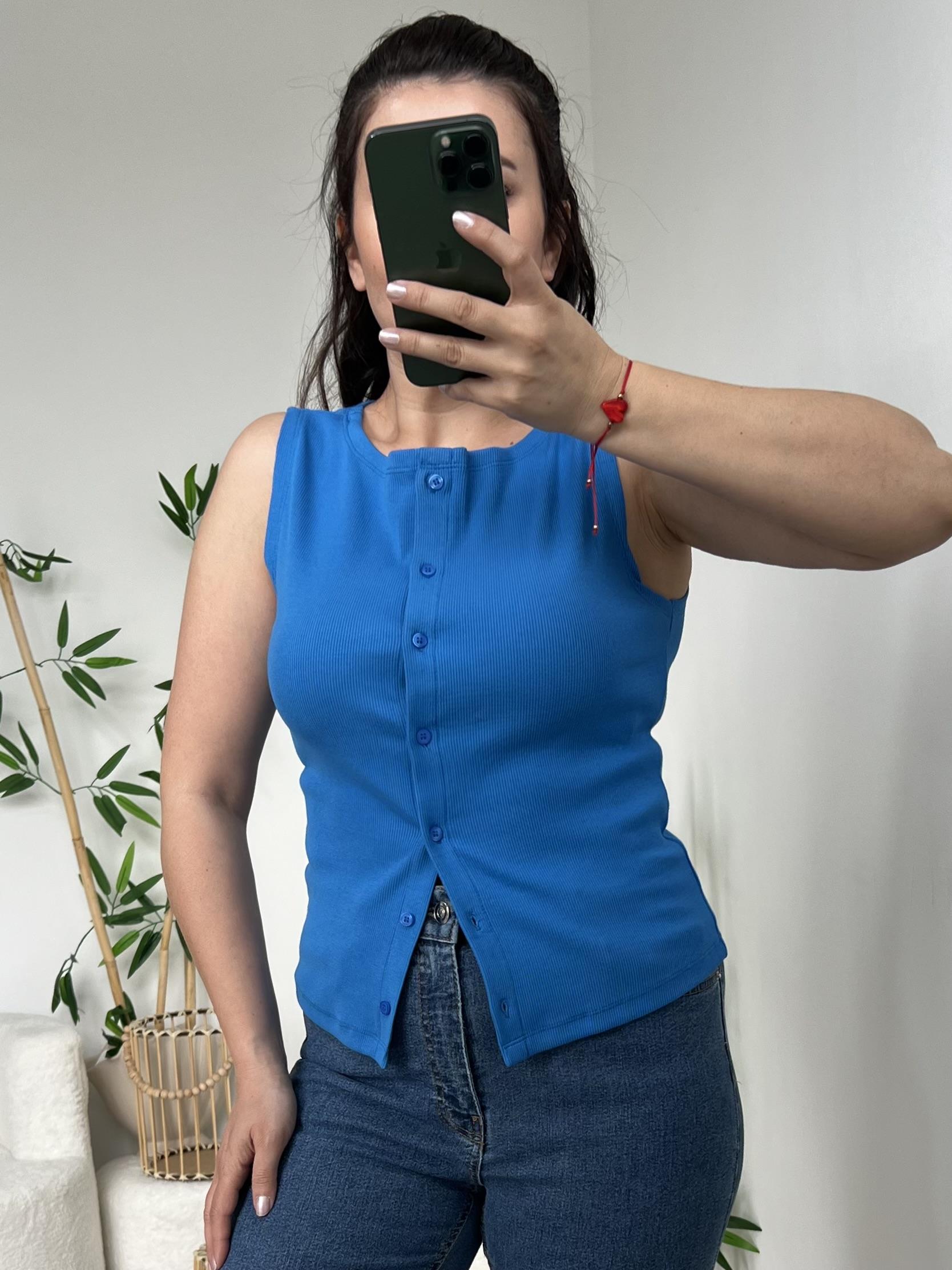 Dilvin Mavi Fitilli Önü Düğme Kapamalı Bluz