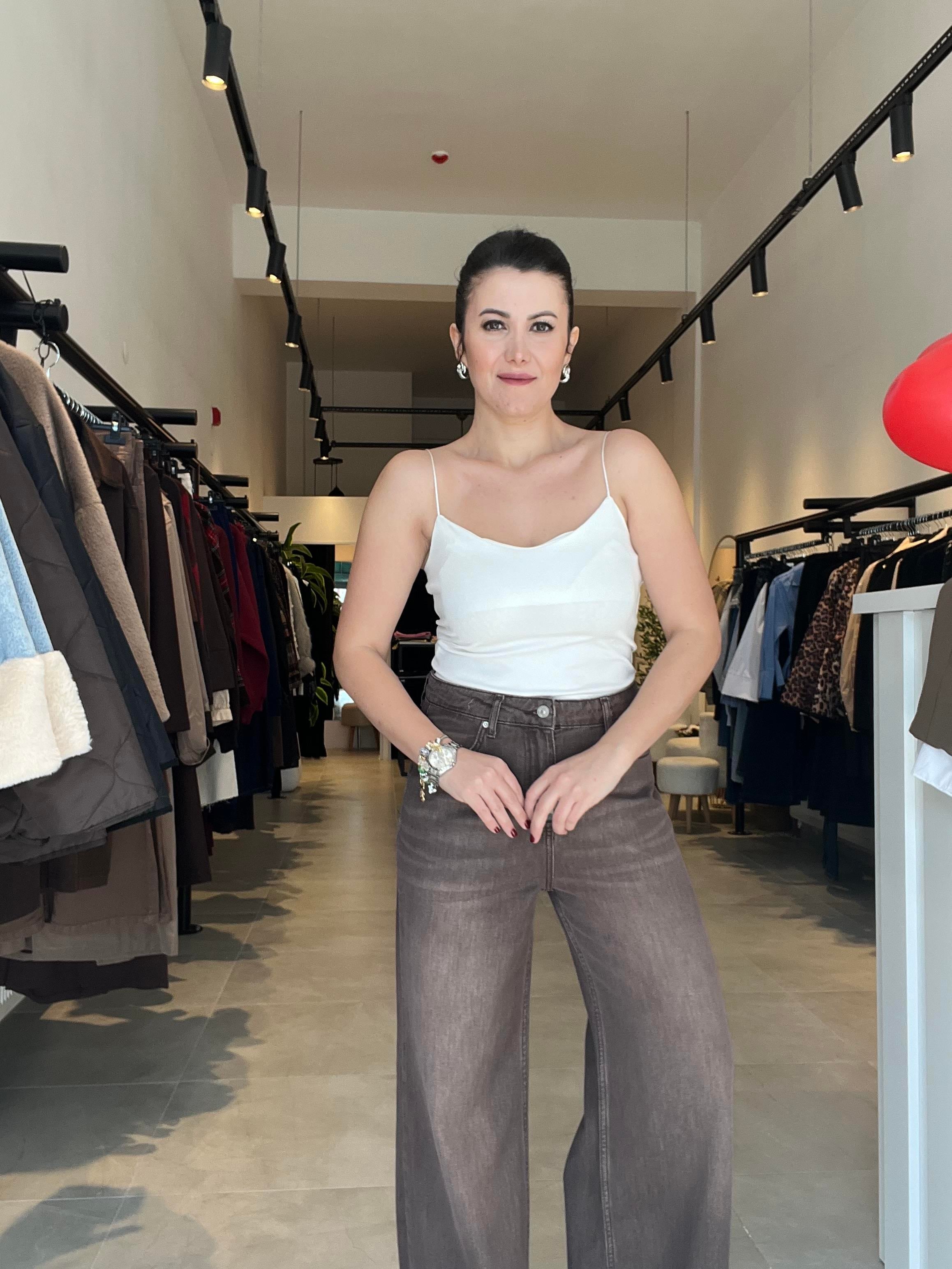 Dilvin Yıkamalı Kahve Bol Paça Jean Pantolon