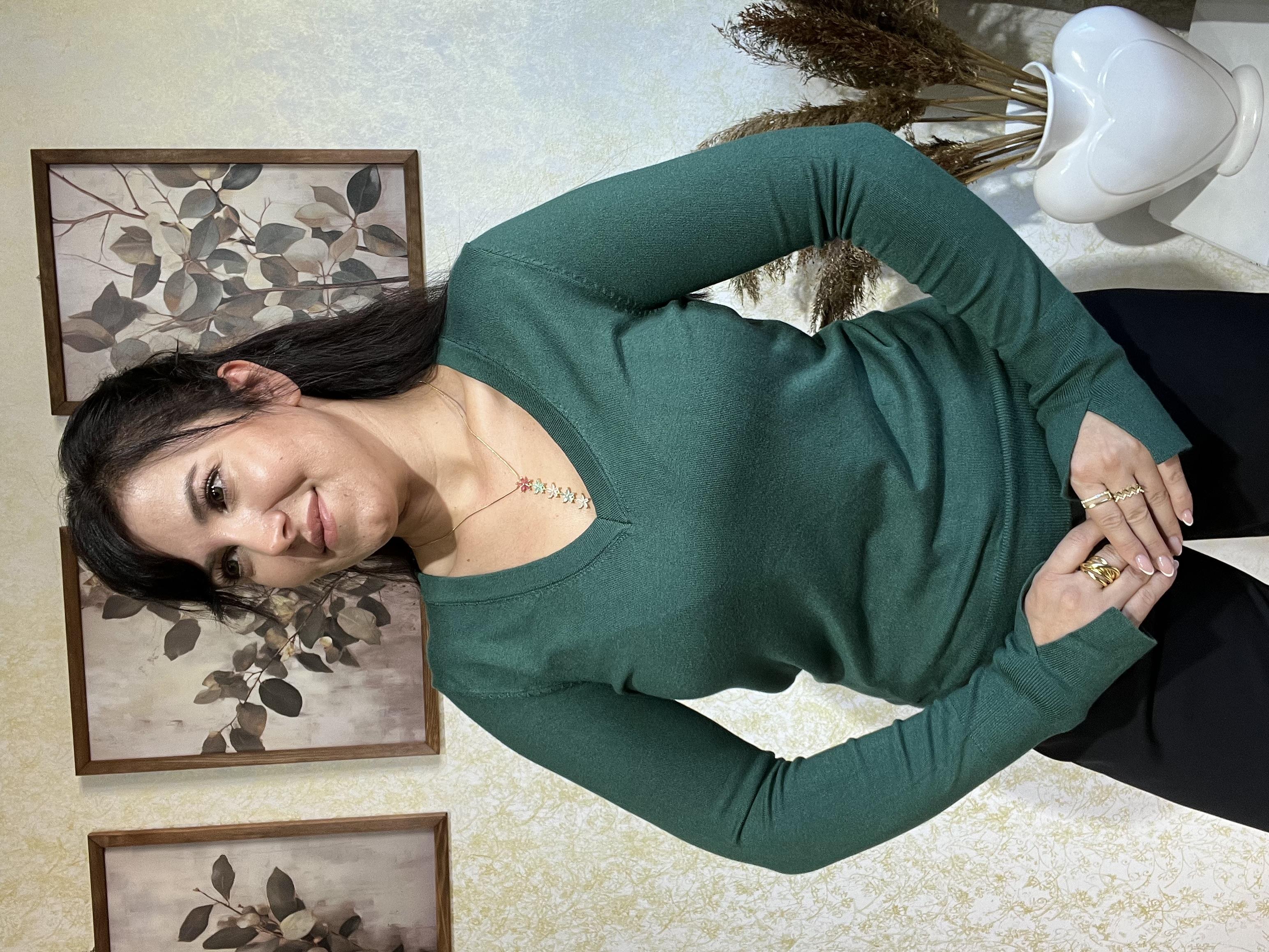 Dilvin Zümrüt Yeşil V Yaka Triko