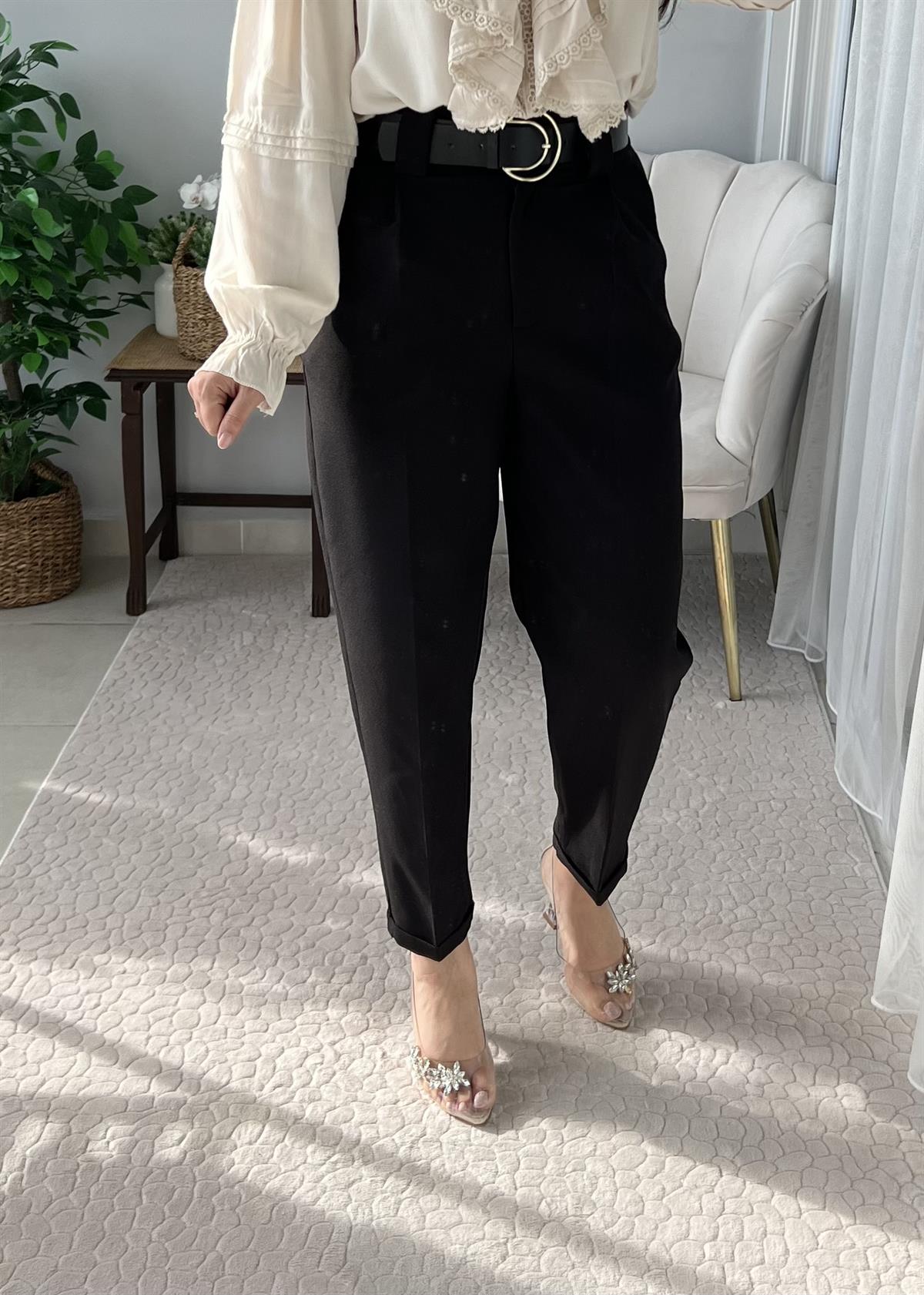 DUBLE PAÇA YÜKSEK BEL SİYAH BAGİ PANTOLON