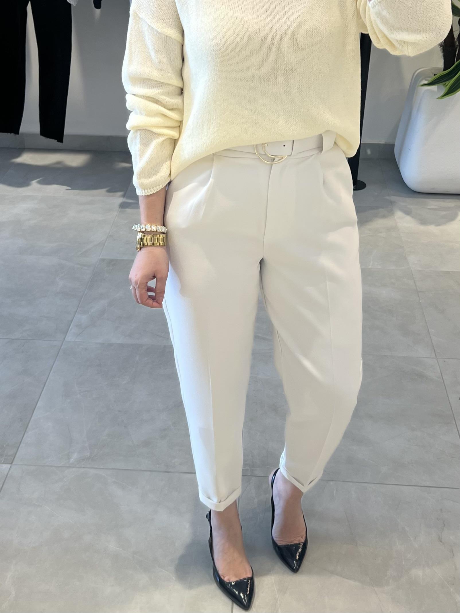 Ekru Duble Paça Kemerli Kumaş Pantolon