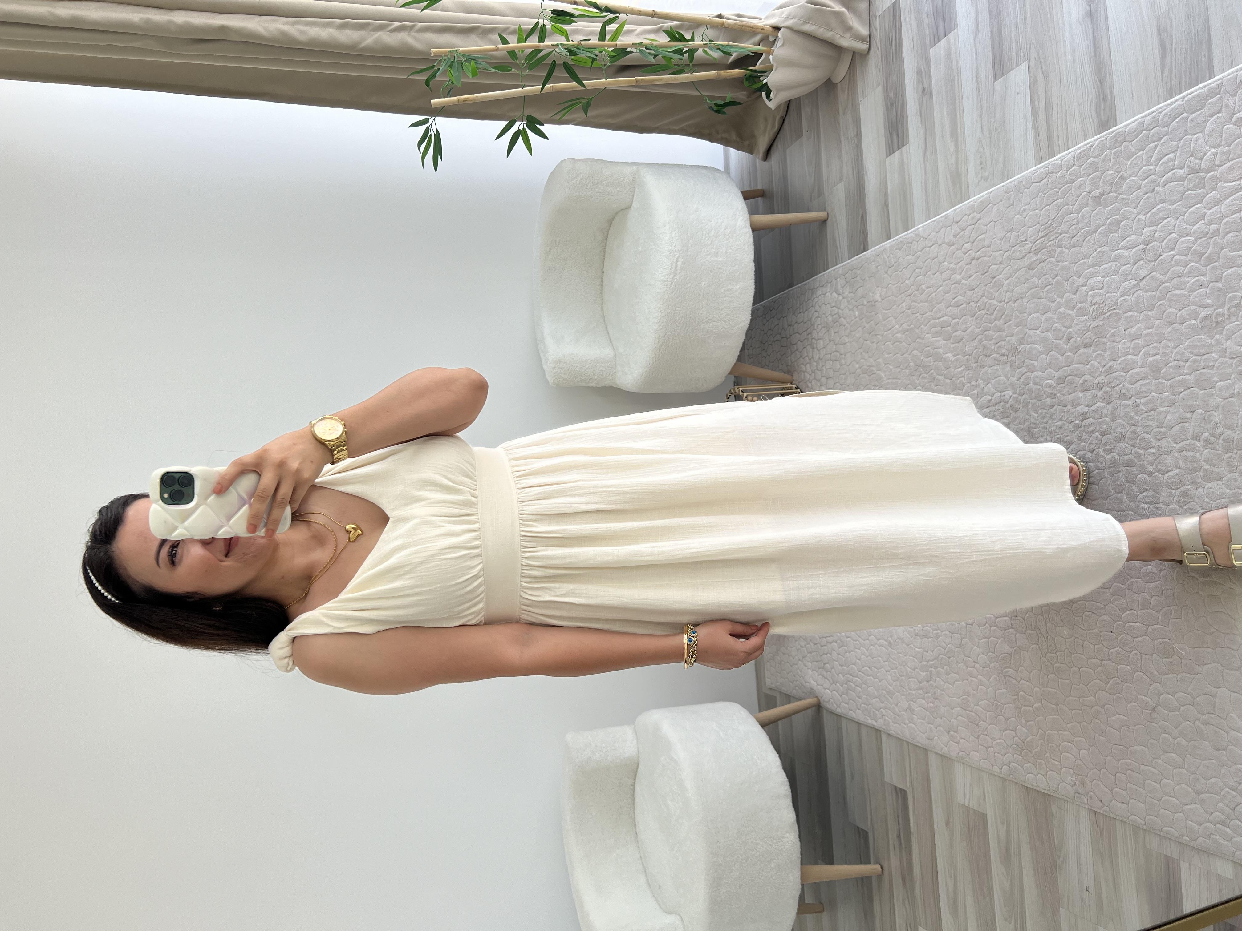 EKRU KETEN DOKULU HELEN ELBİSE