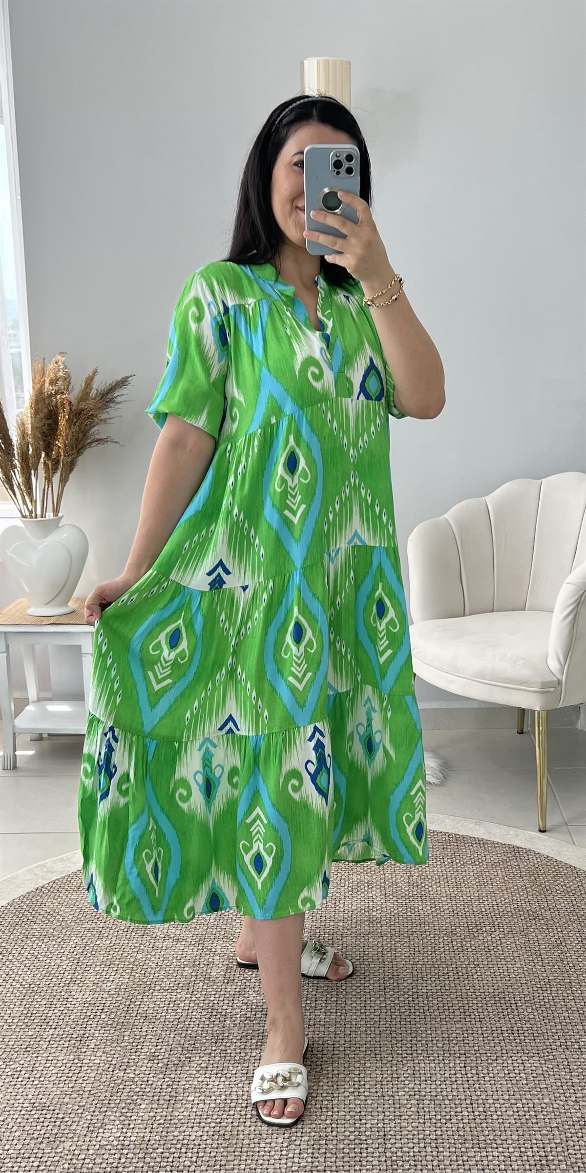 Enter Yeşil Desenli Salaş Kesim Yazlık Elbise ELBİSE Ürünü Sadece 349,00