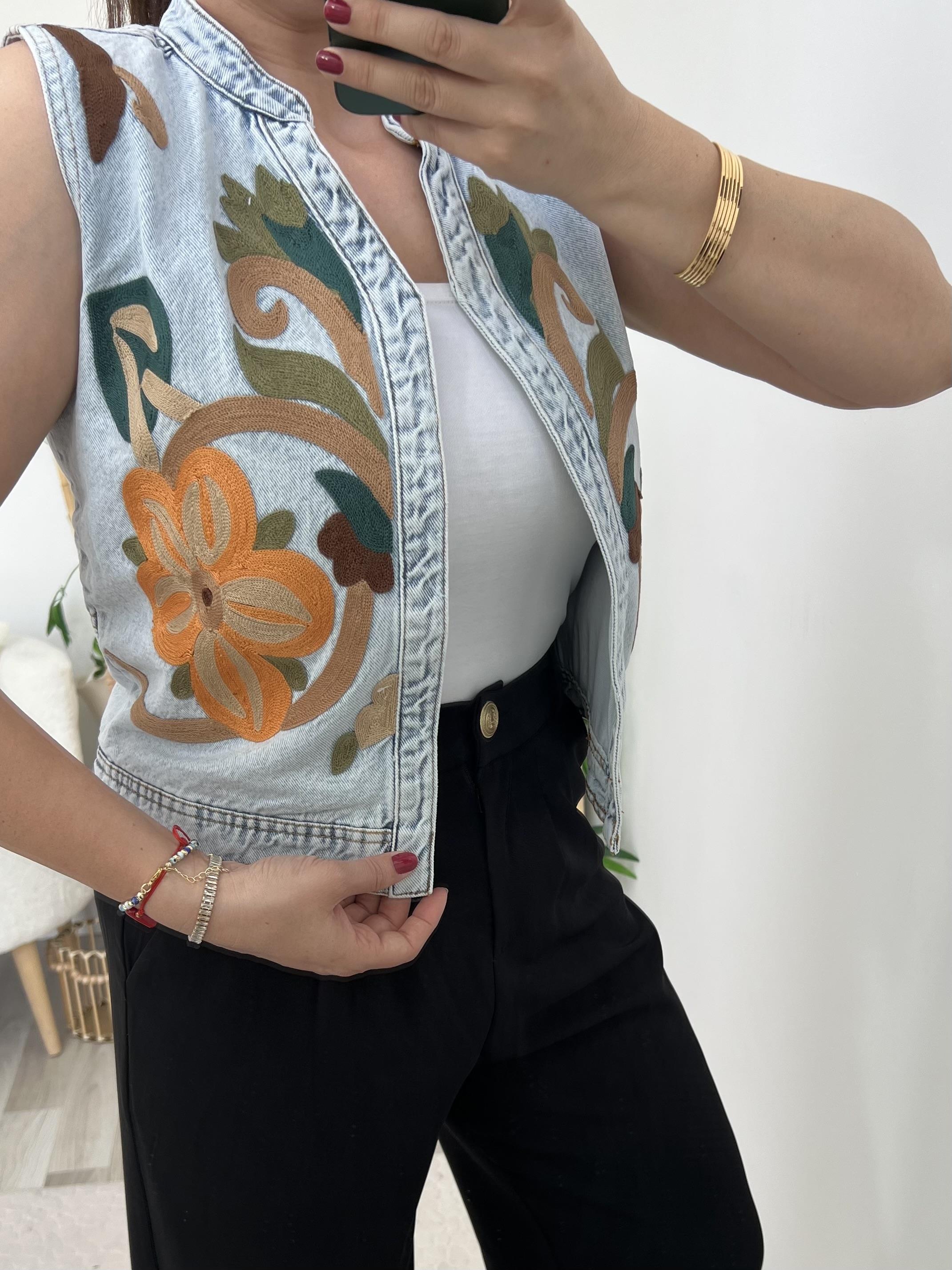 Full Nakışlı Premium Jean Yelek