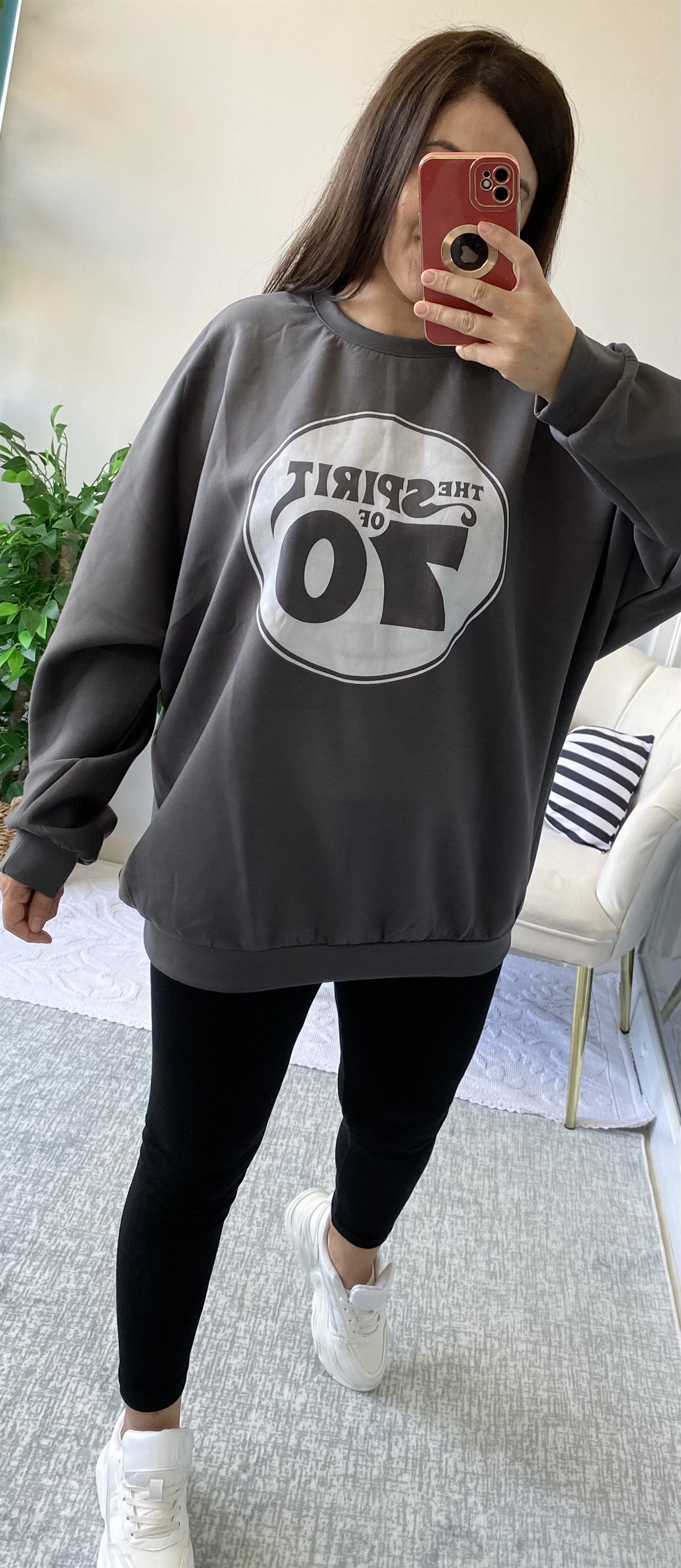 GRİ BASKILI OVERSIZE SWEAT