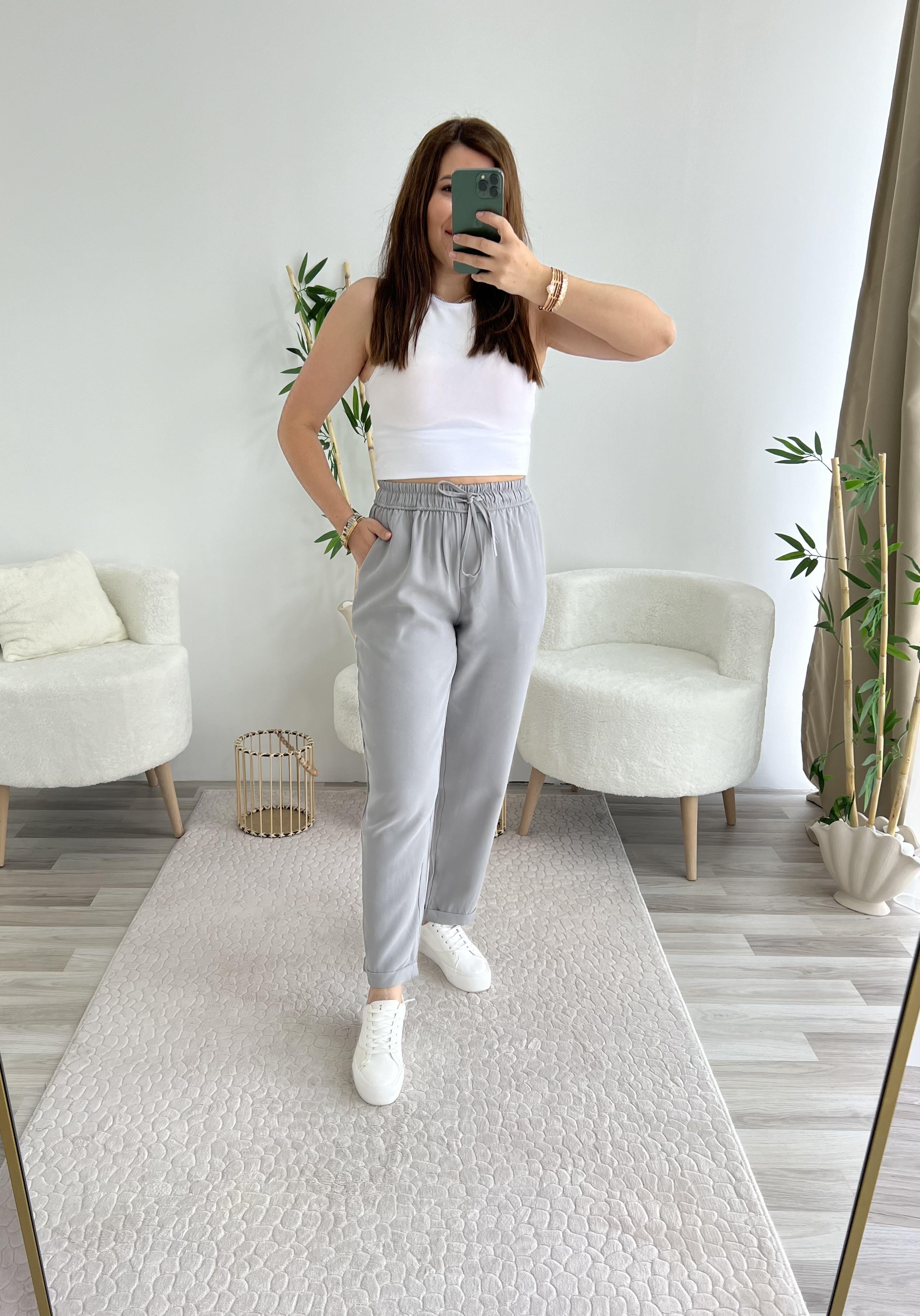 GRİ DUBLE PAÇA BELİ LASTİKLİ PANTOLON