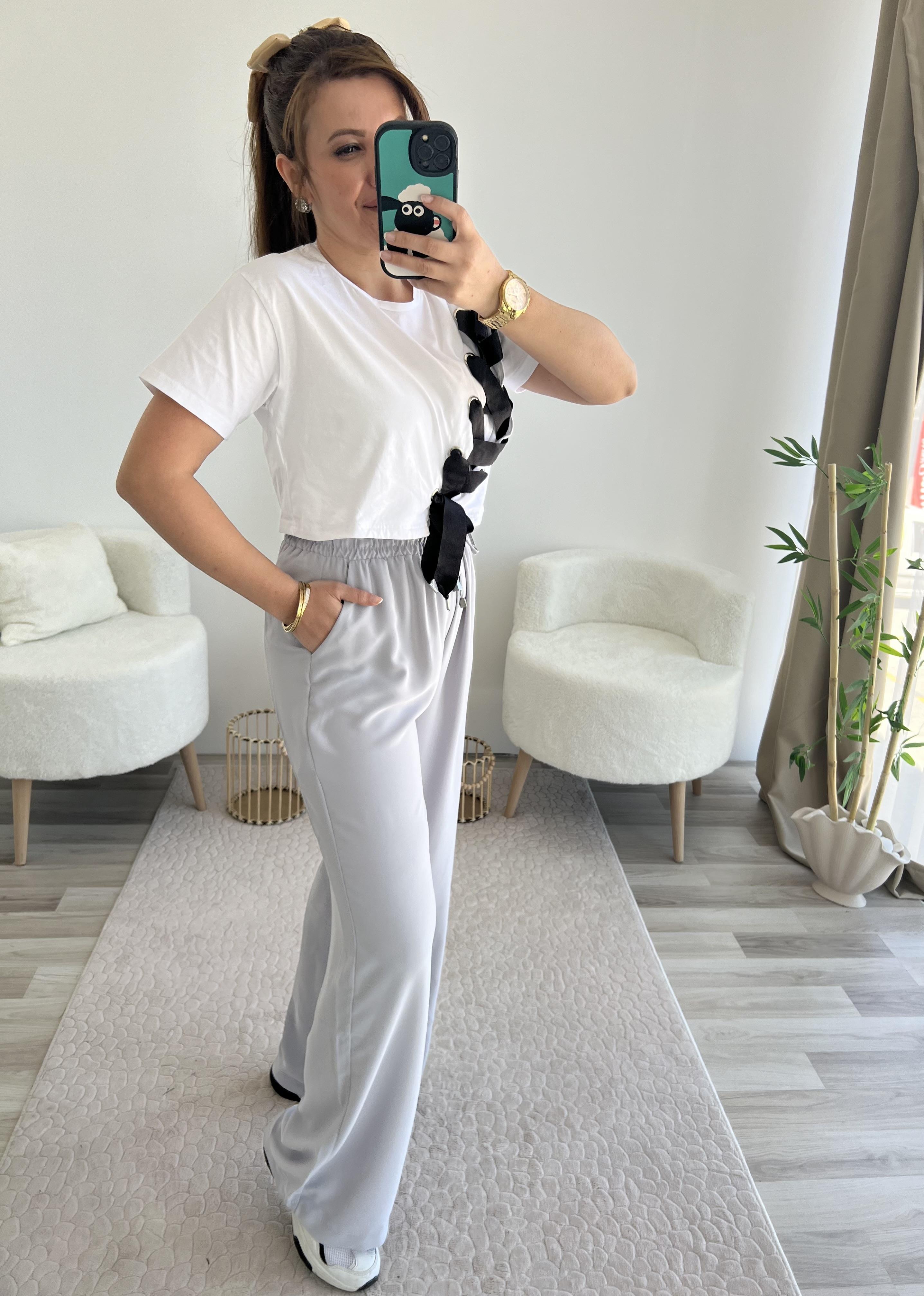 GRİ GENİŞ PAÇA BELİ LASTİKLİ PANTOLON