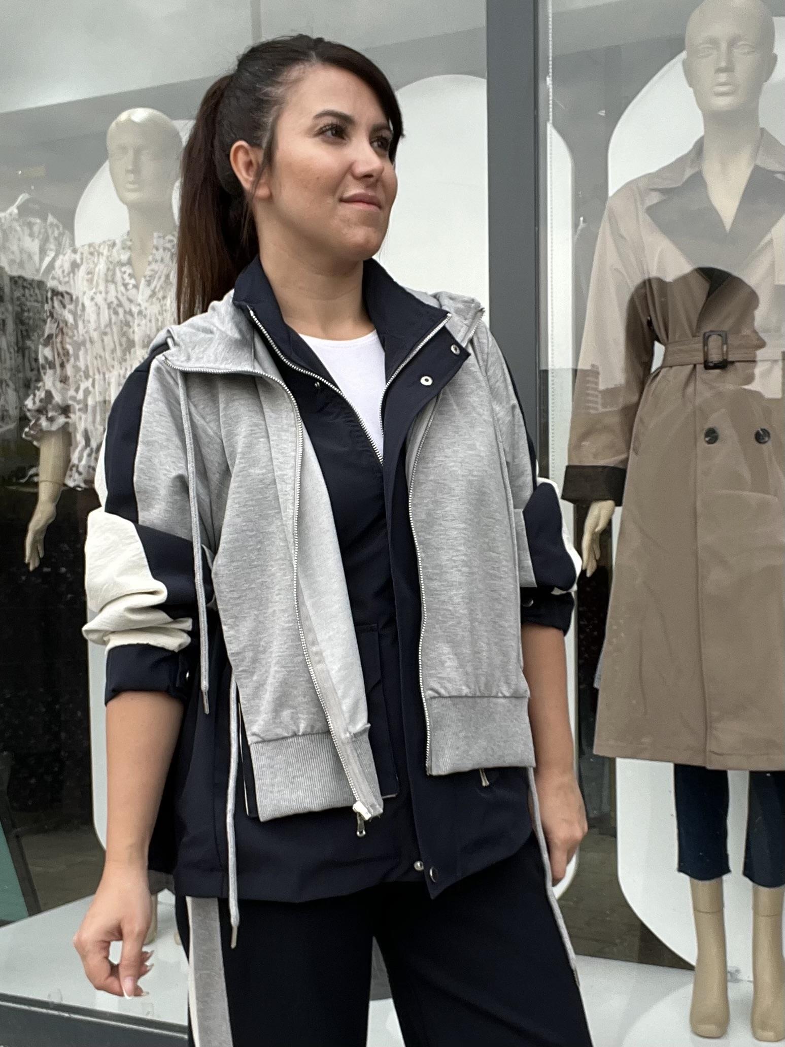 Gri -Lacivert Premium Kapüşon Detaylı İkili Takım