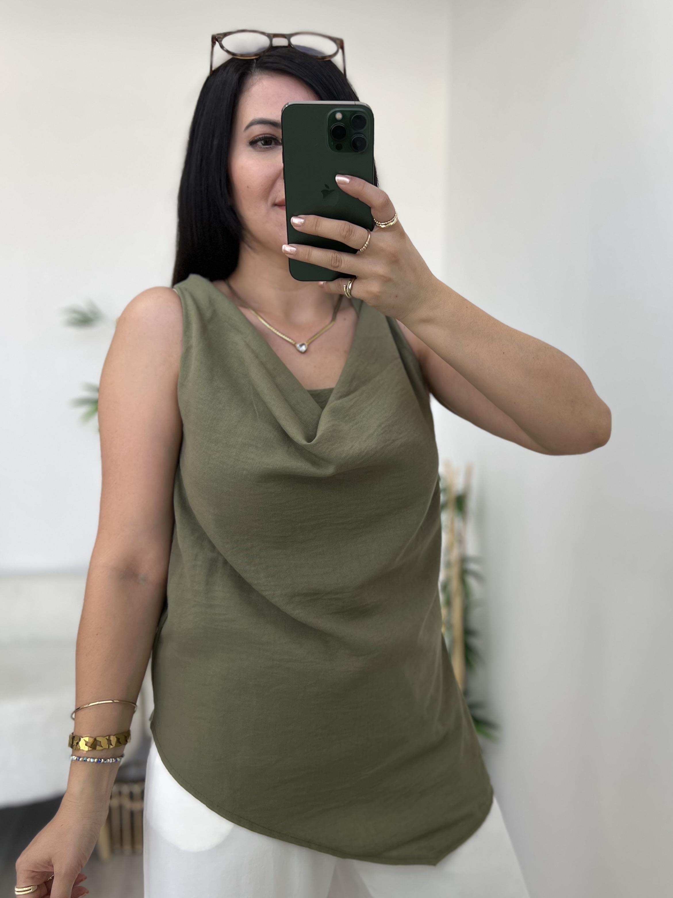 Haki Degaje Yaka Yandan Yırtmaçlı Bluz