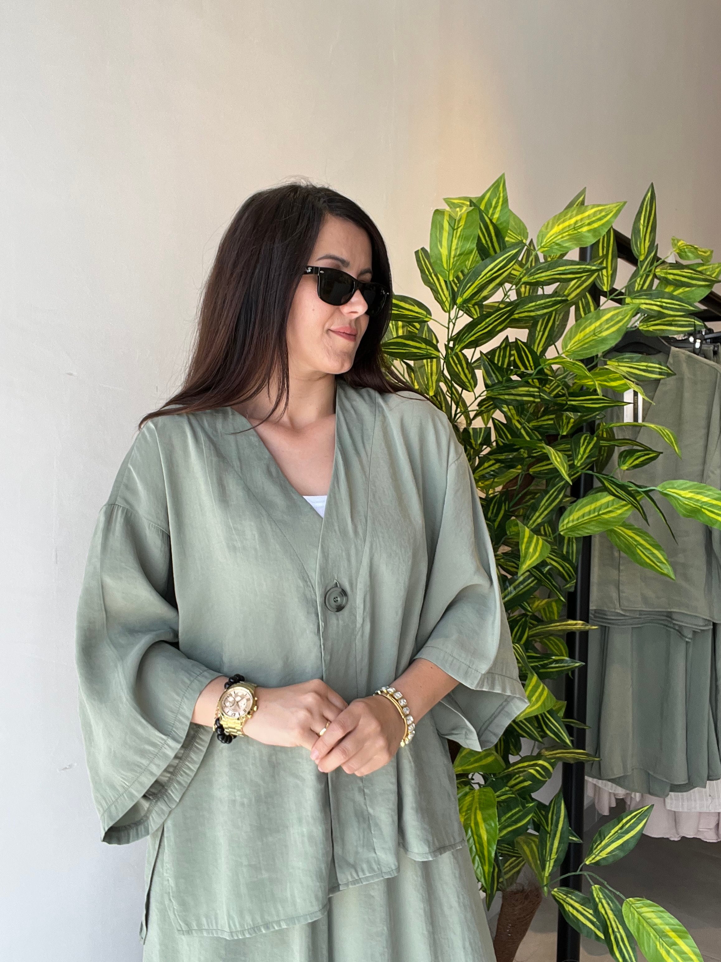 Haki Tek Düğme Kimono Gömlek