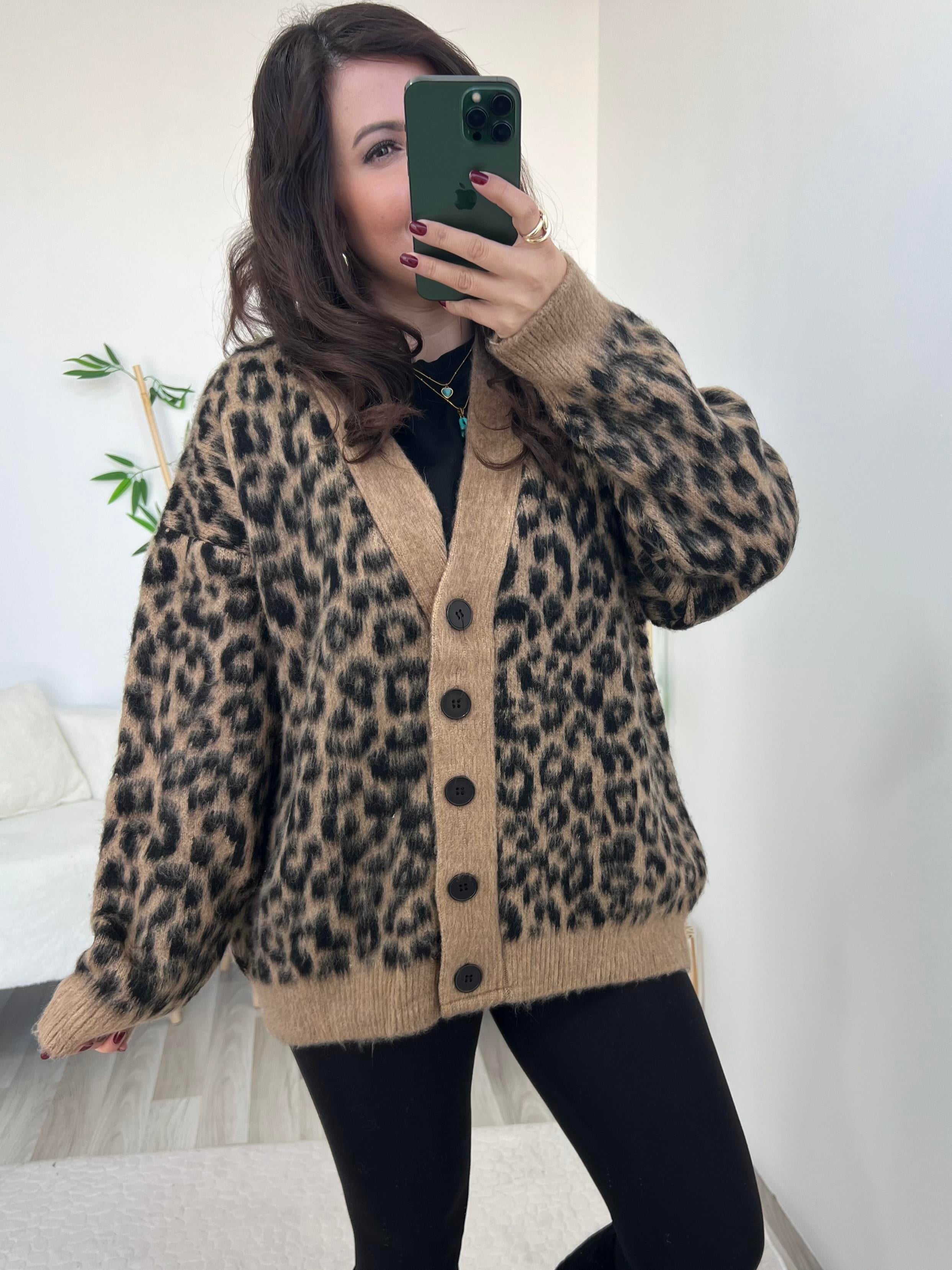 Kahve Leopar Desenli Yumuşak Dokulu Hırka