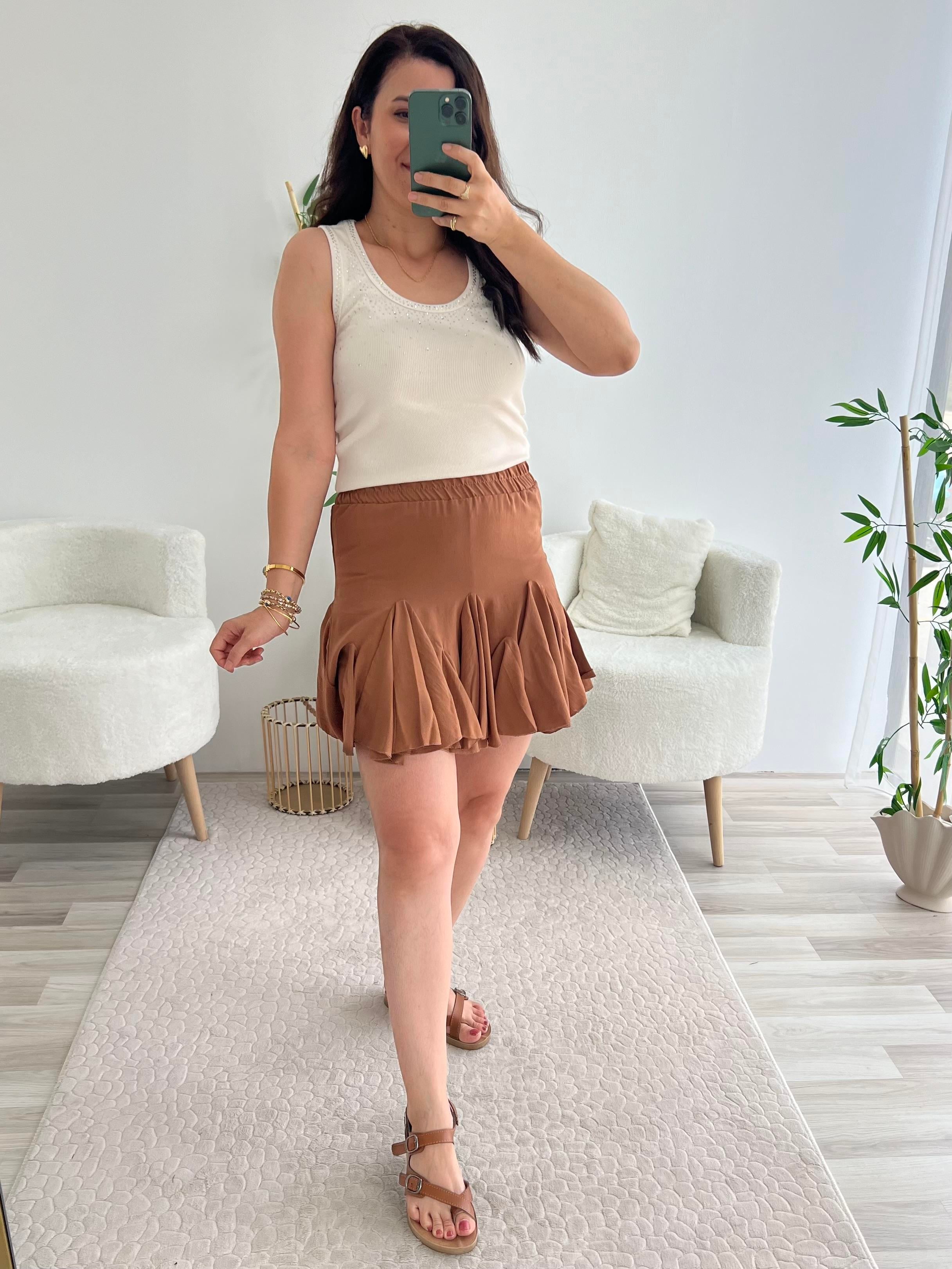 KAHVE ŞORT ASTARLI PİLELİ ETEK