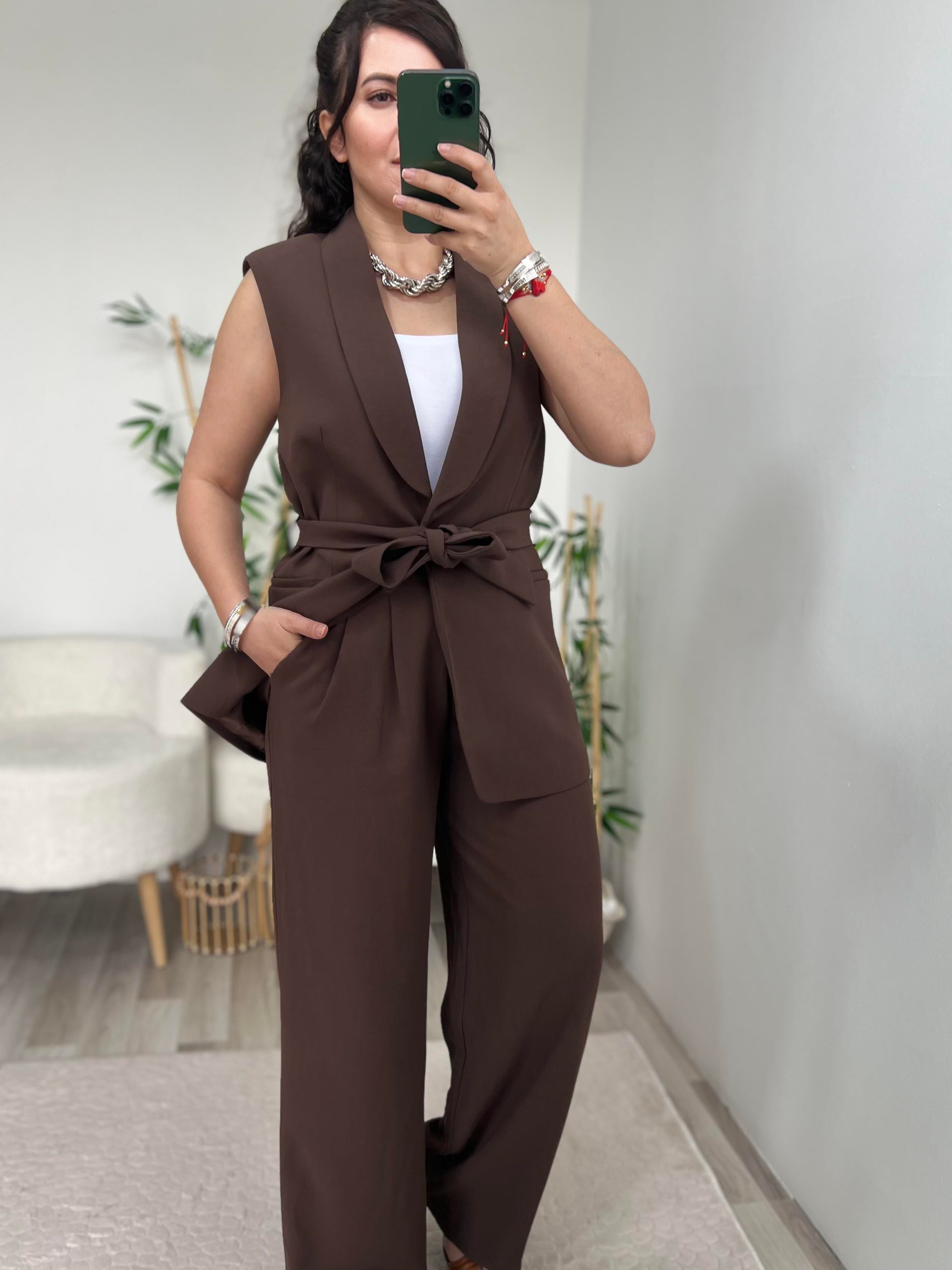 Kahverengi Yelek Pantolon İkili Premium Takım