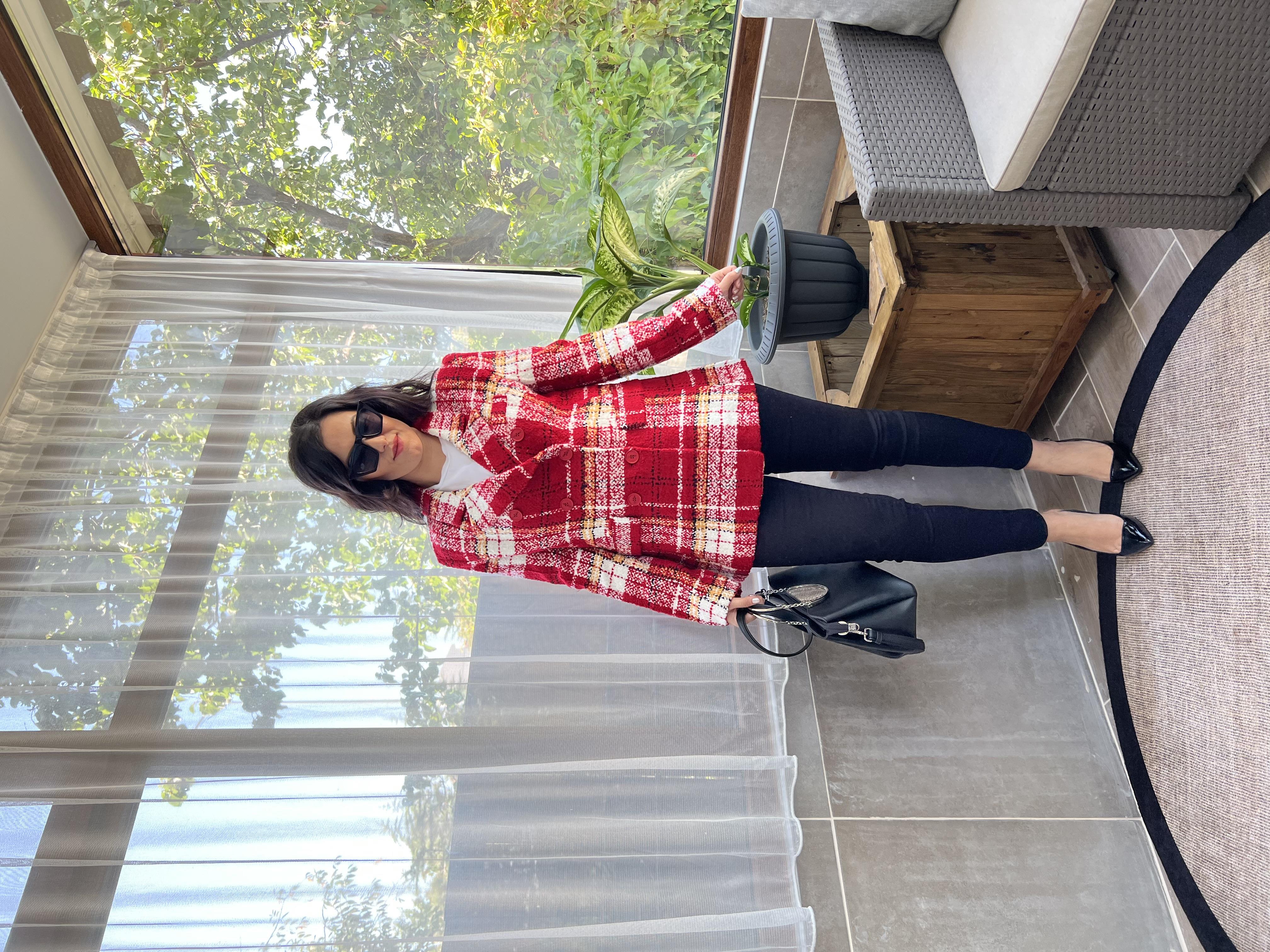 Kırmızı Ekose Kalın Dokulu Blazer 