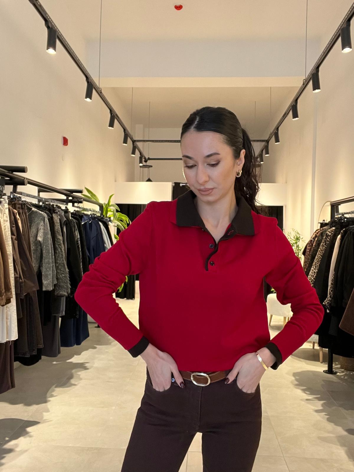 Kırmızı Polo Yaka Çift Renk Triko 