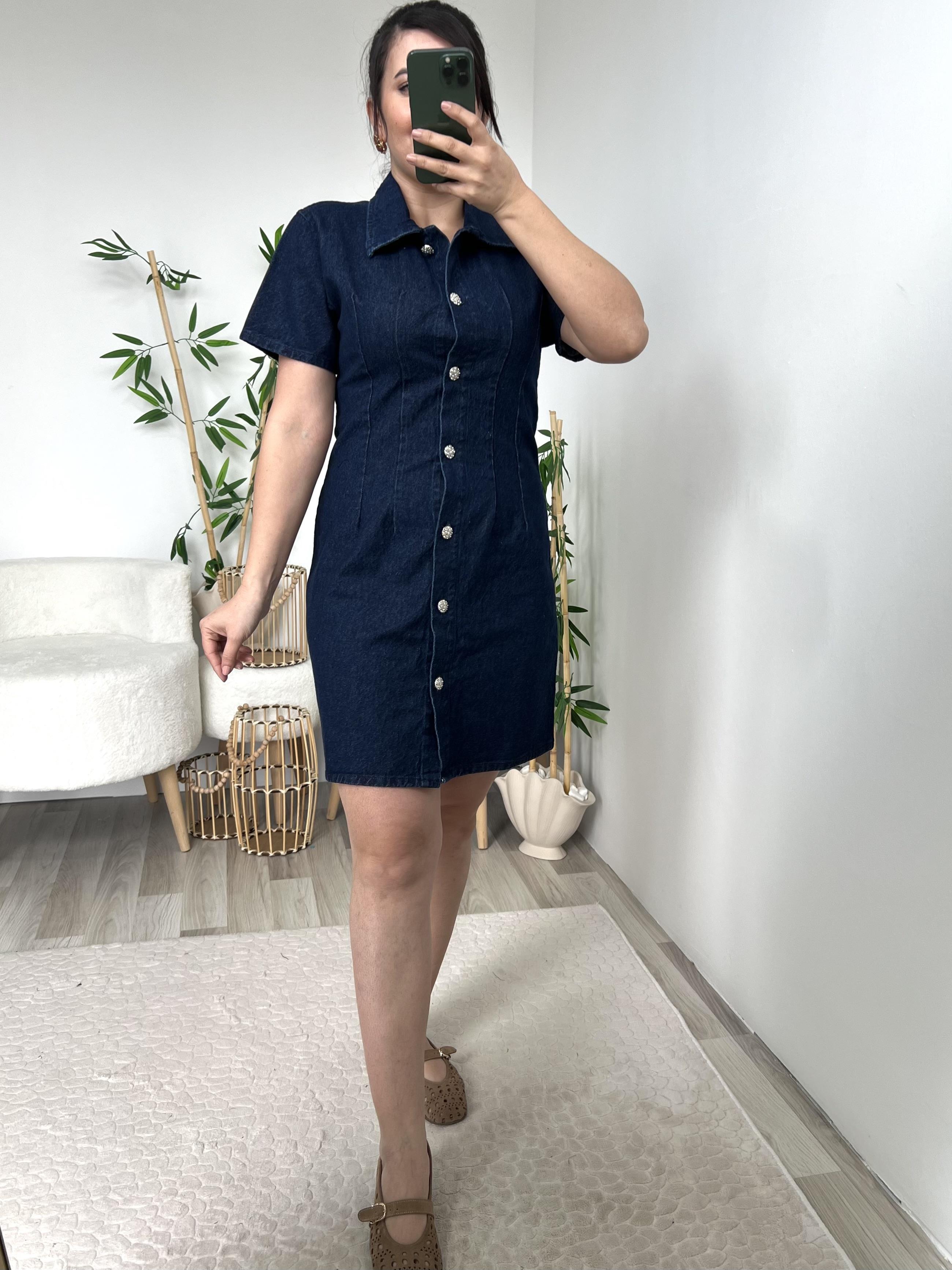 Koyu Mavi Taş Düğmeli Jean Elbise