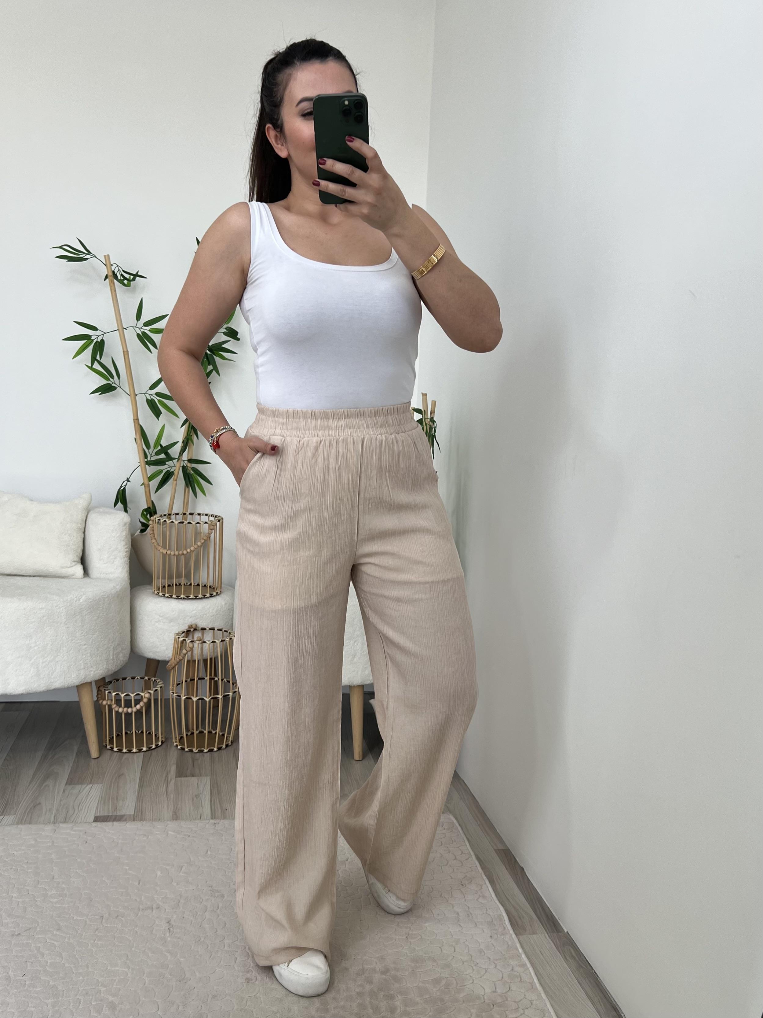 Krem Beli Lastikli Bol Pantolon