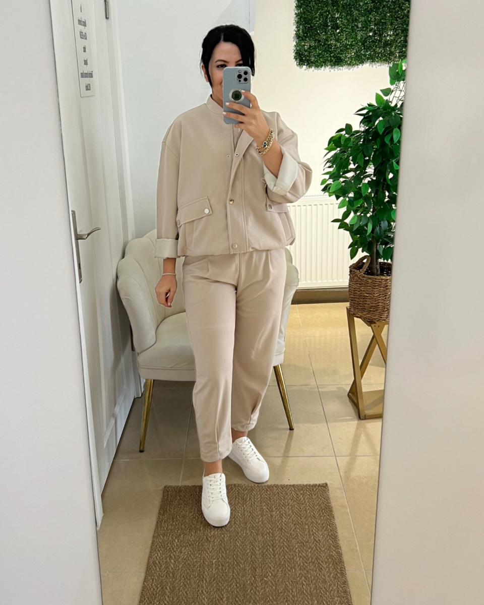 Krem Bomber Ceket Pantolon Takım