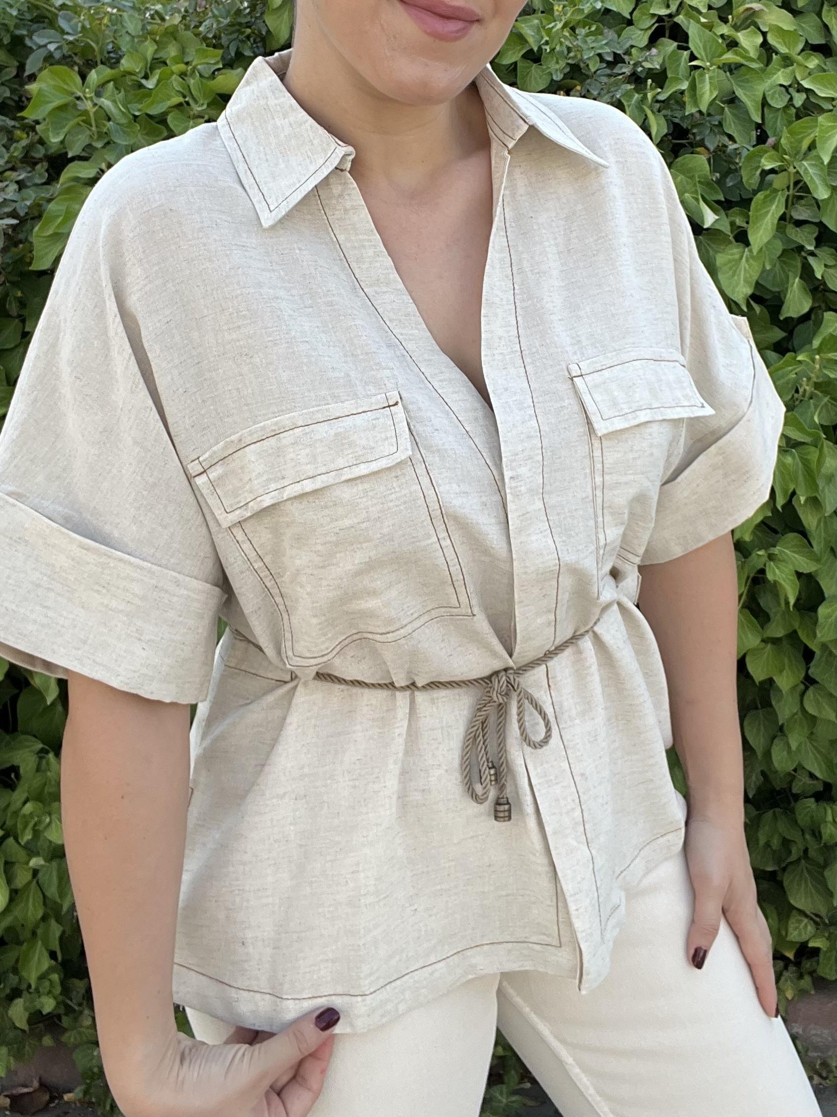 Krem Çift Cepli Bağlama Detaylı Keten dokulu Gömlek