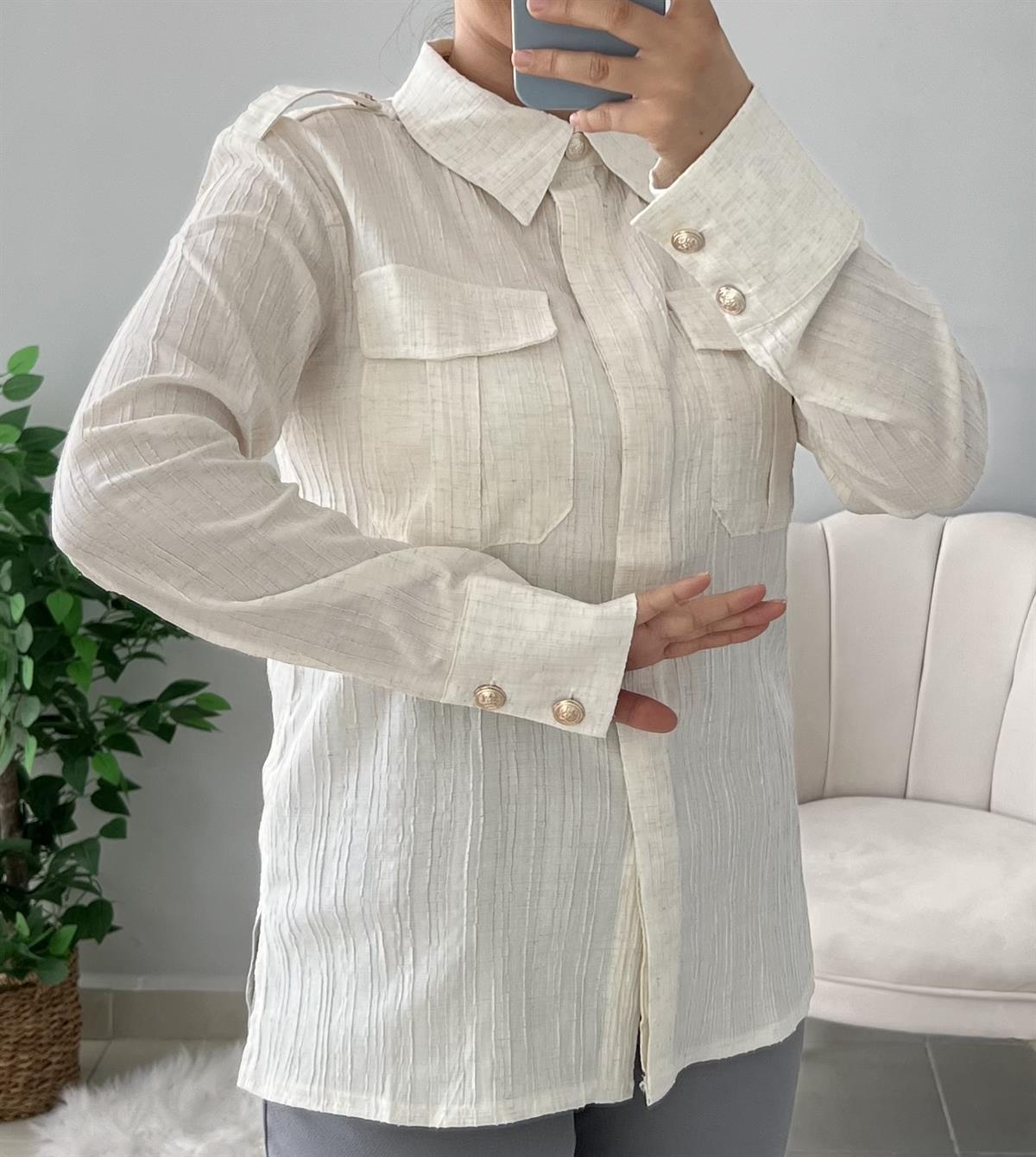 KREM ÇİFT CEPLİ GÖMLEK 