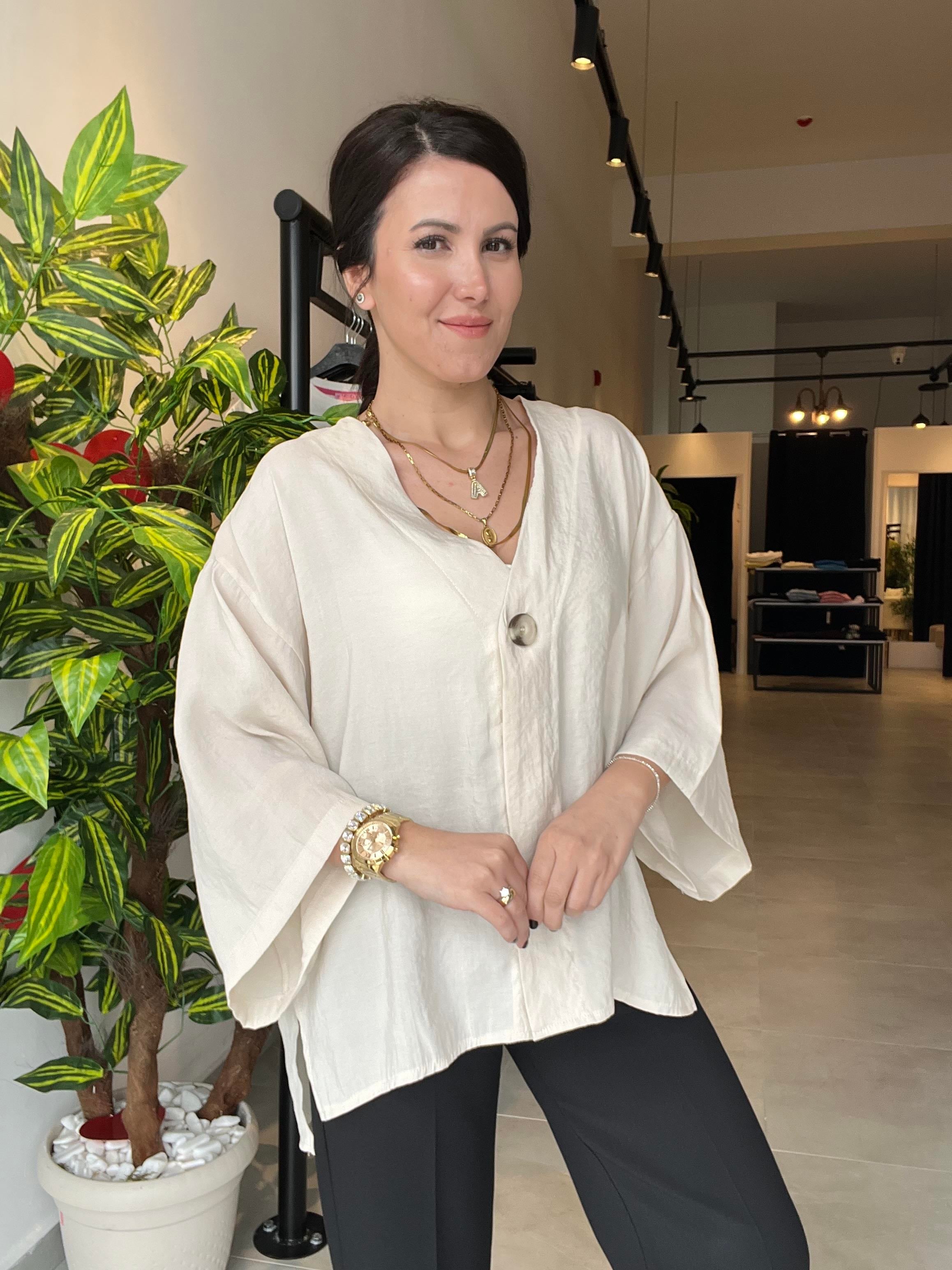 Krem Tek Düğme Kimono Gömlek