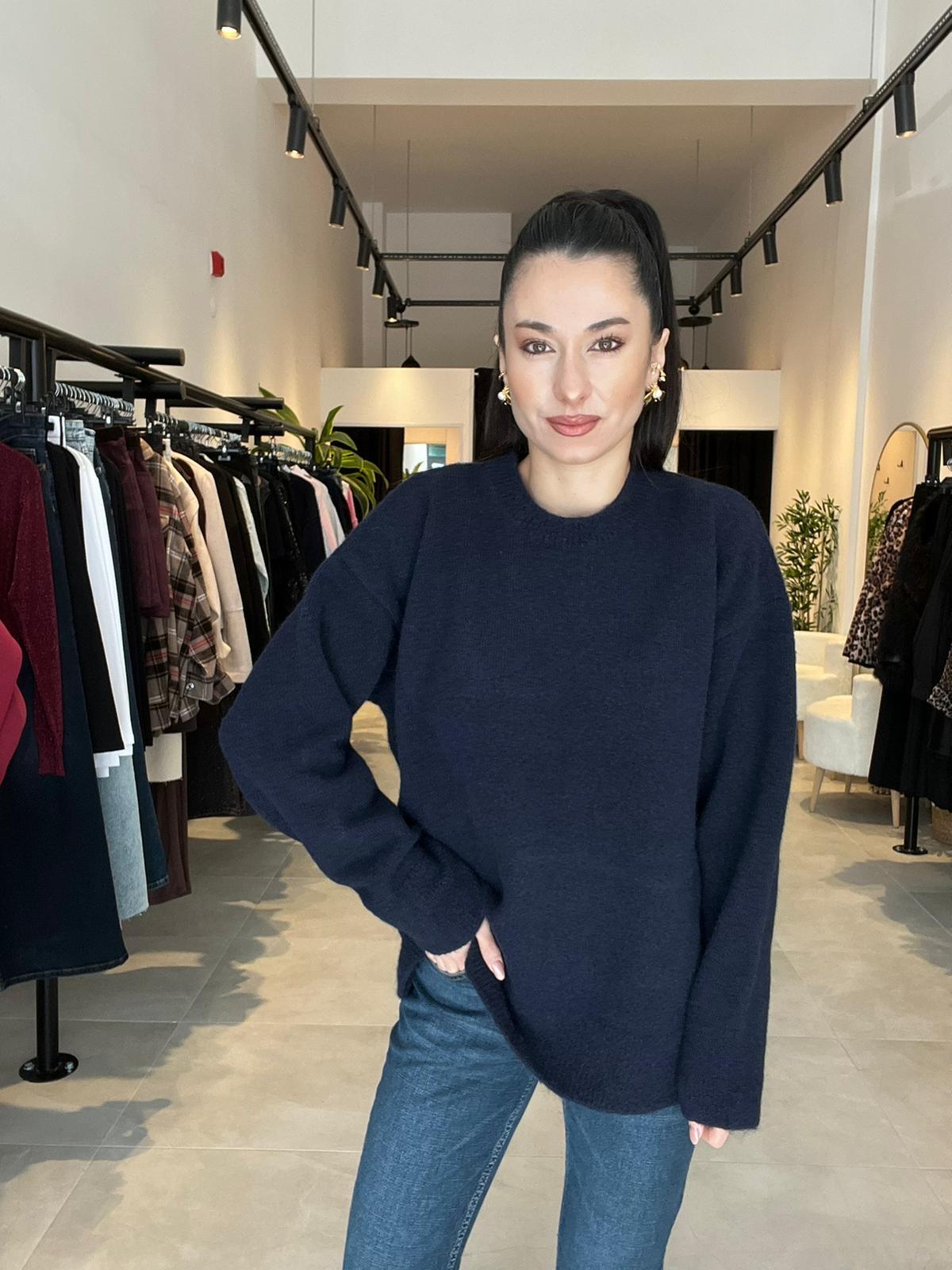 Lacivert Bisiklet Yaka Basic Kazak