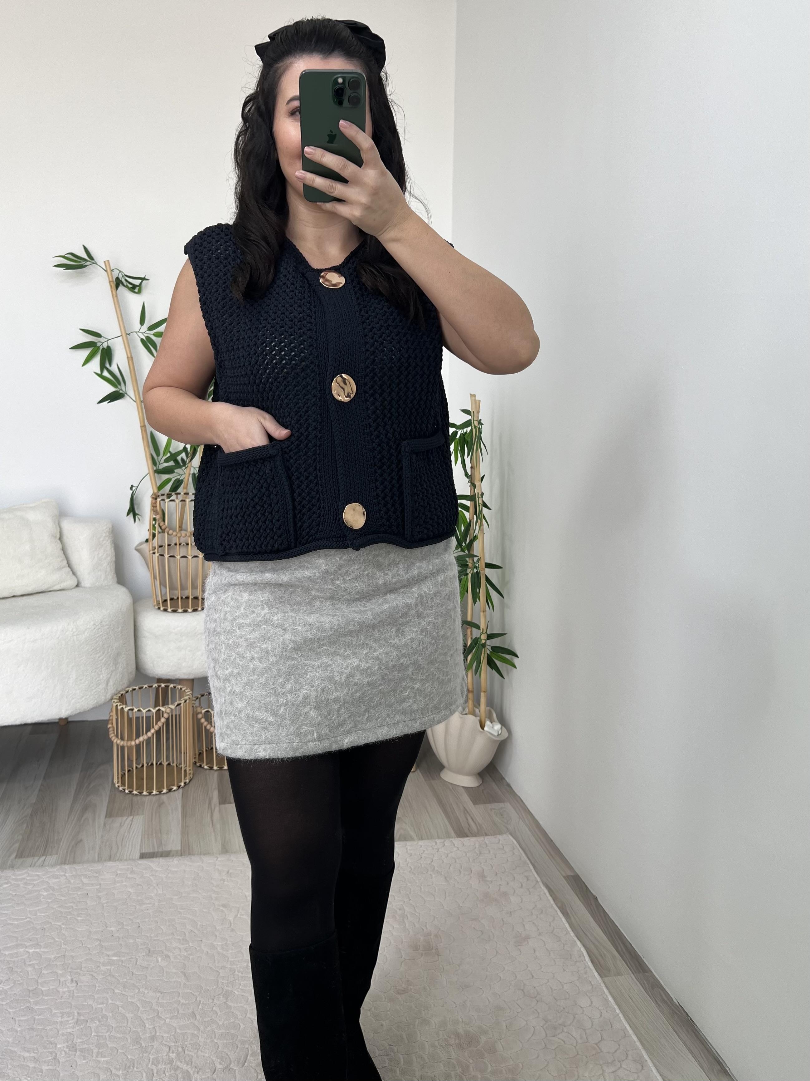 Lacivert Bisiklet Yaka Cepli Düğmeli Triko Yelek