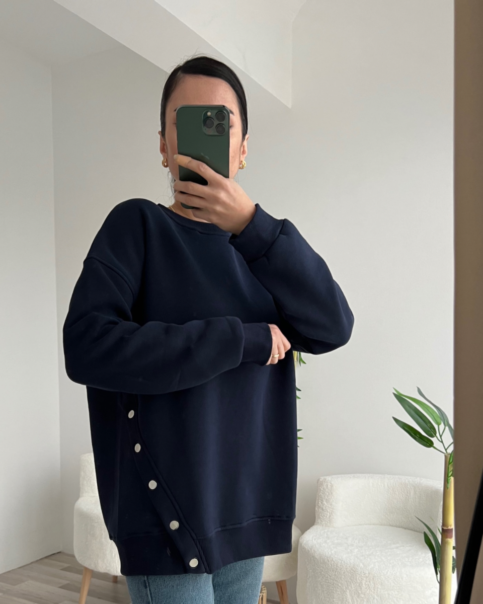 LACİVERT ÇIT ÇIT DETAYLI OVERSİZE SWEAT