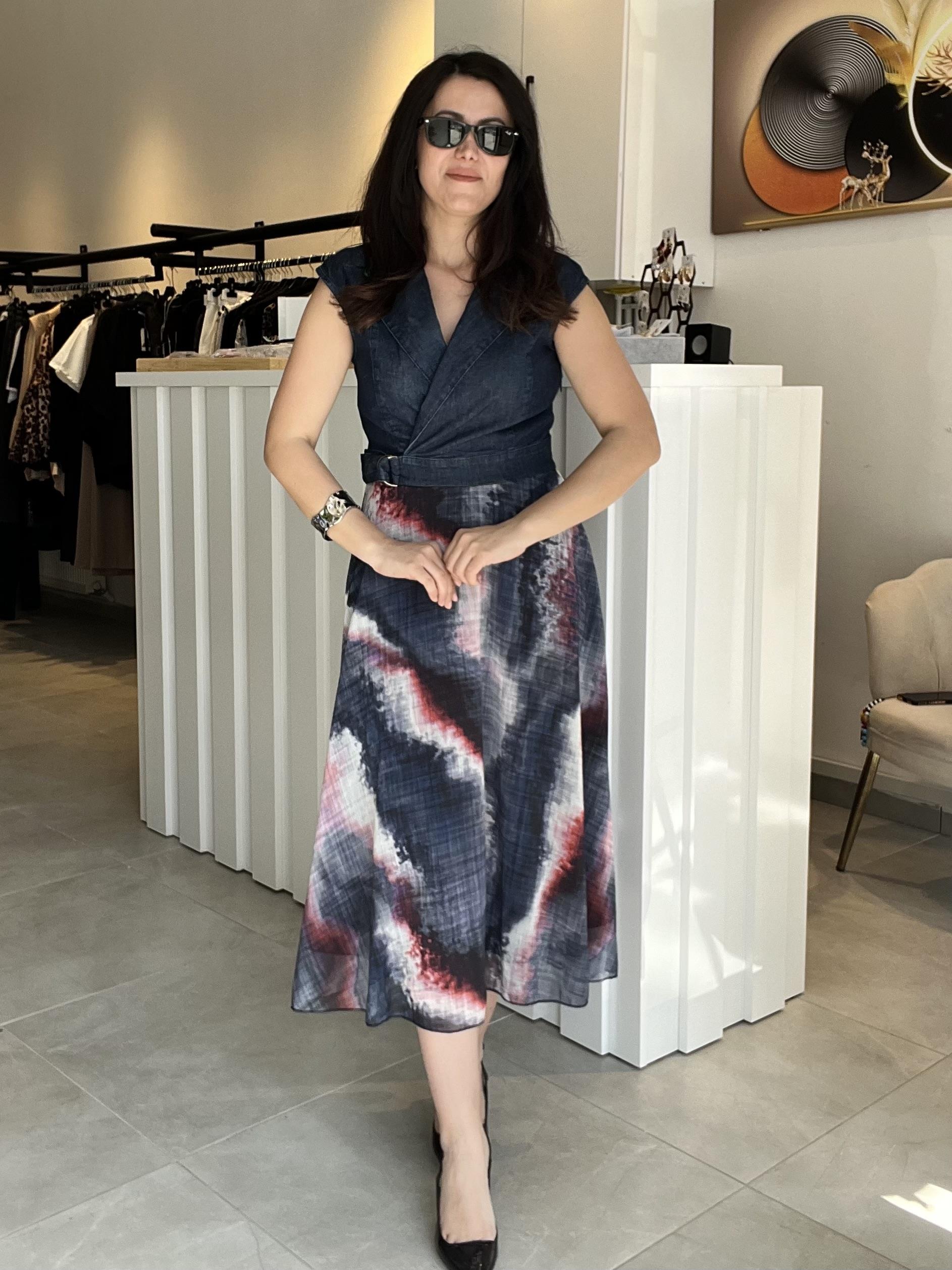 Lacivert Eteği Şifon Kemer Detaylı Denim Elbise 