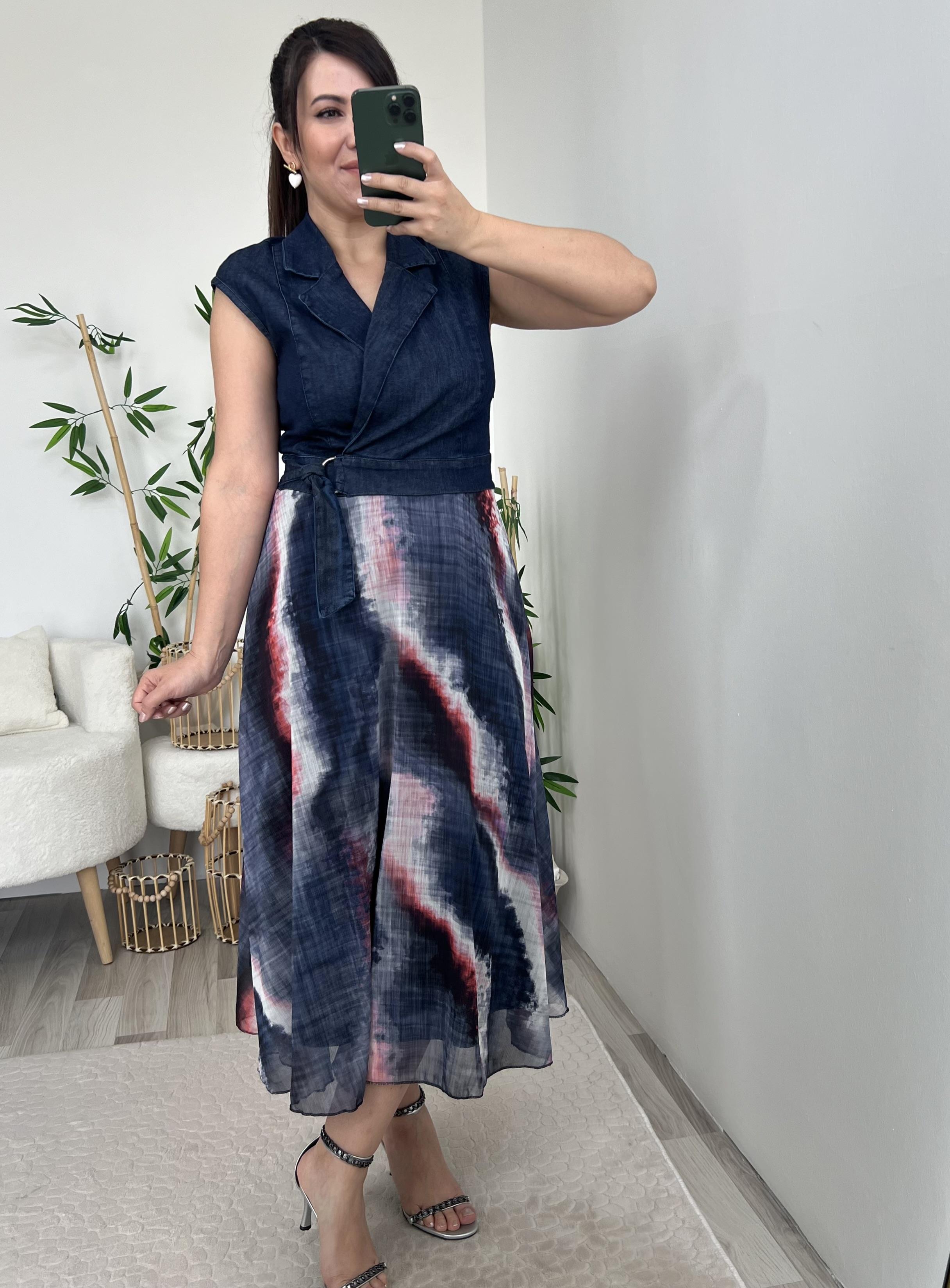 Lacivert Eteği Şifon Kemer Detaylı Denim Elbise 