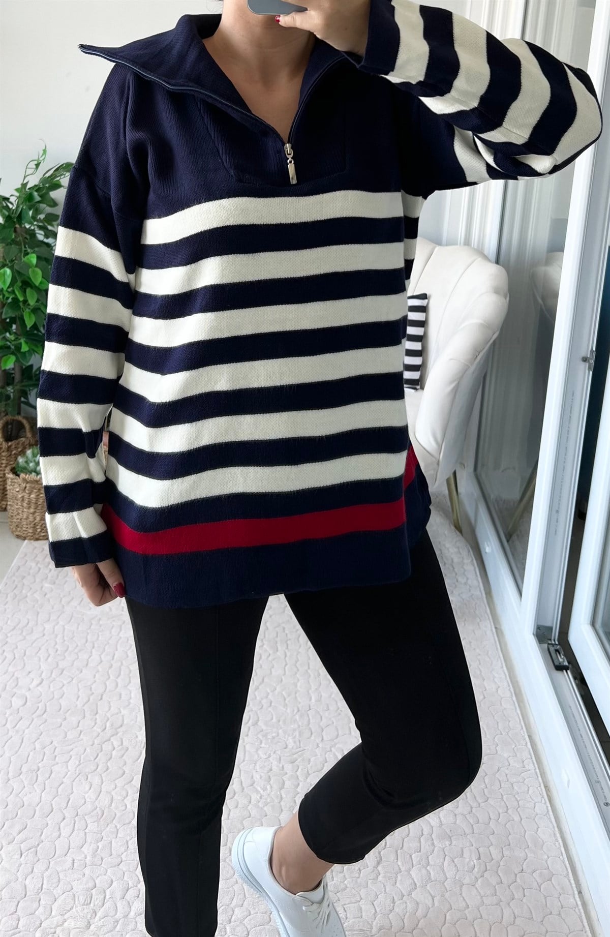 LACİVERT FERMUARLI ÇİZGİLİ TRİKO KAZAK