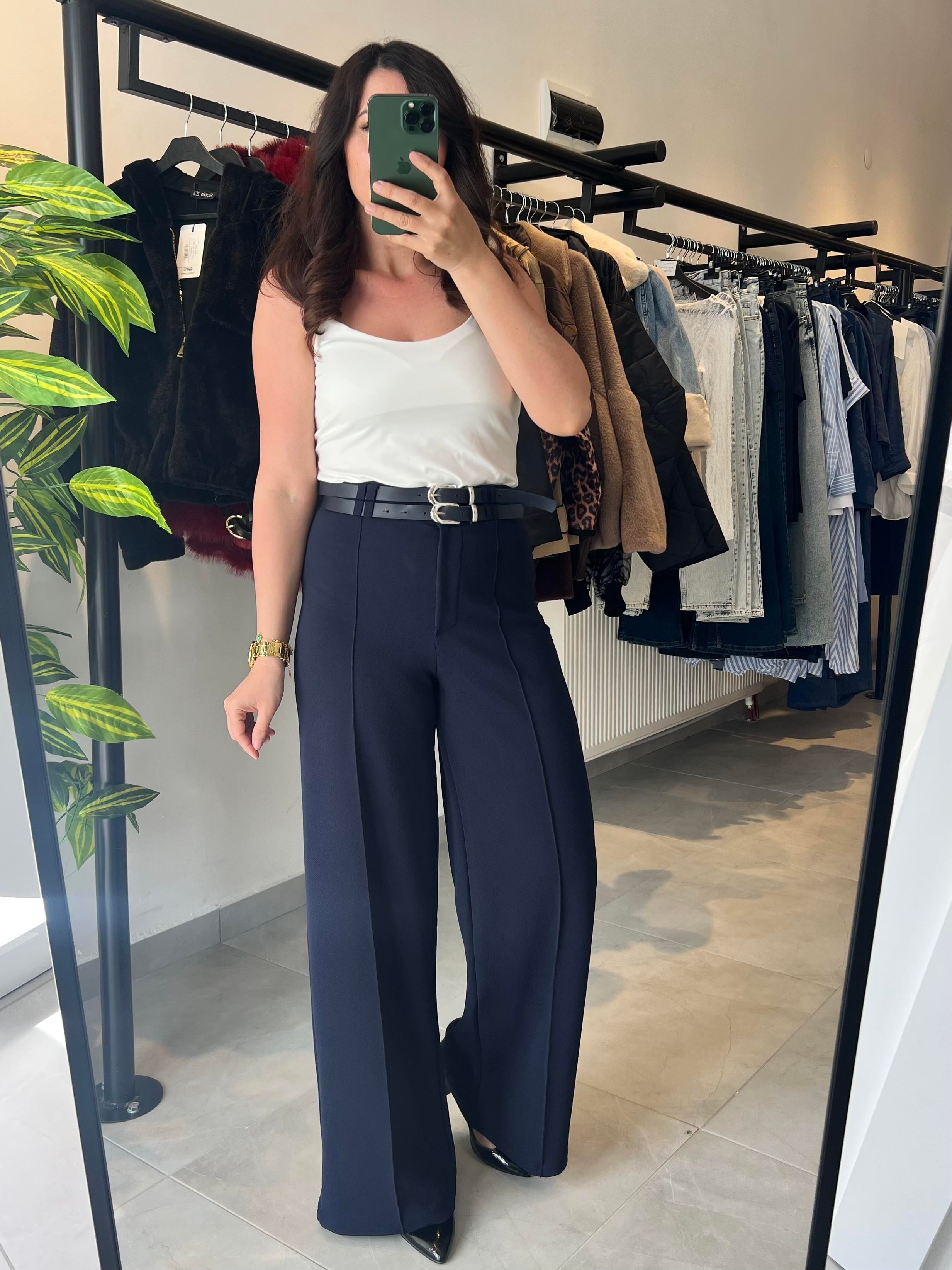 Lacivert Kemer Detaylı Crep Kumaş Pantolon