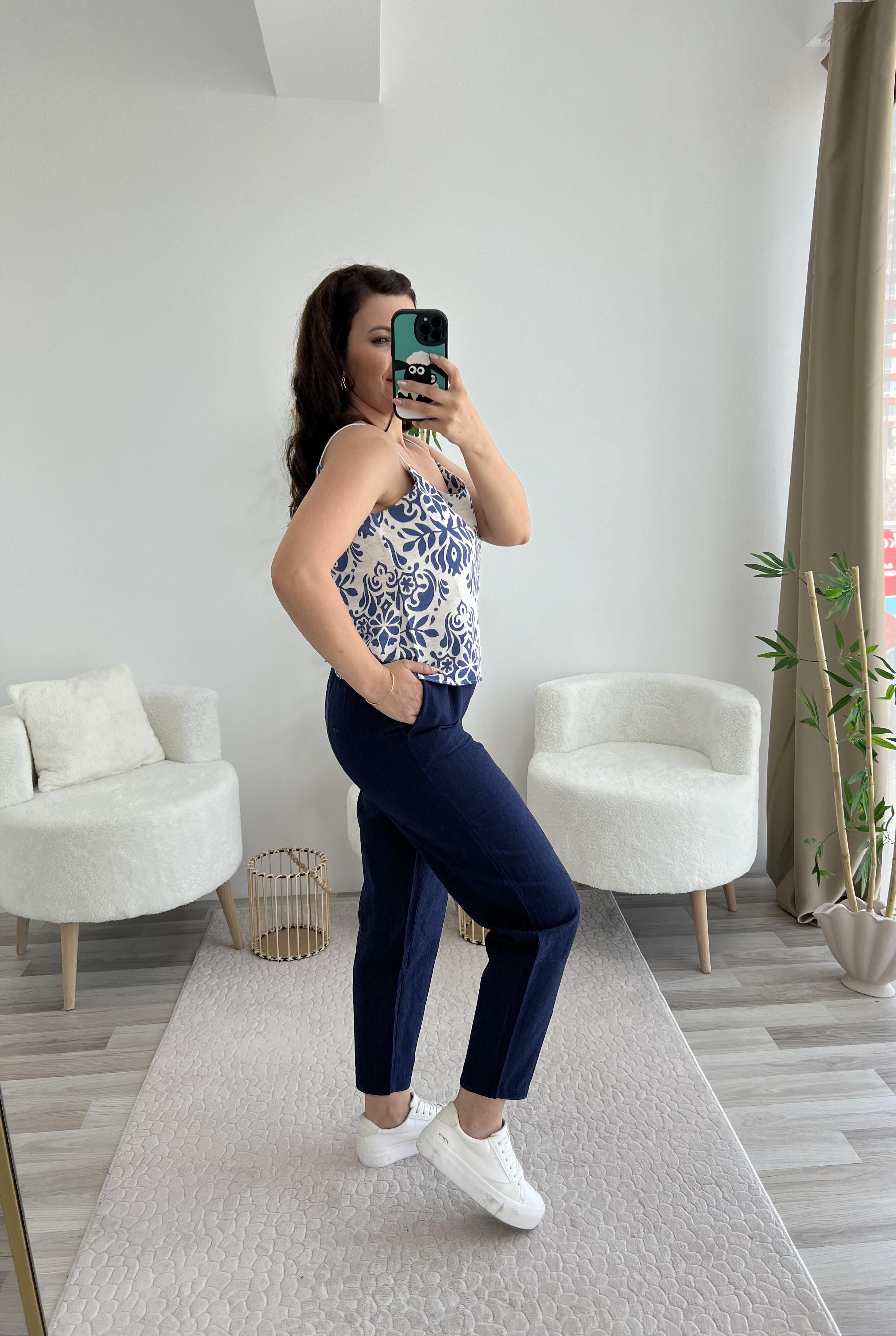LACİVERT KETEN DOKULU BELİ LASTİKLİ PANTOLON