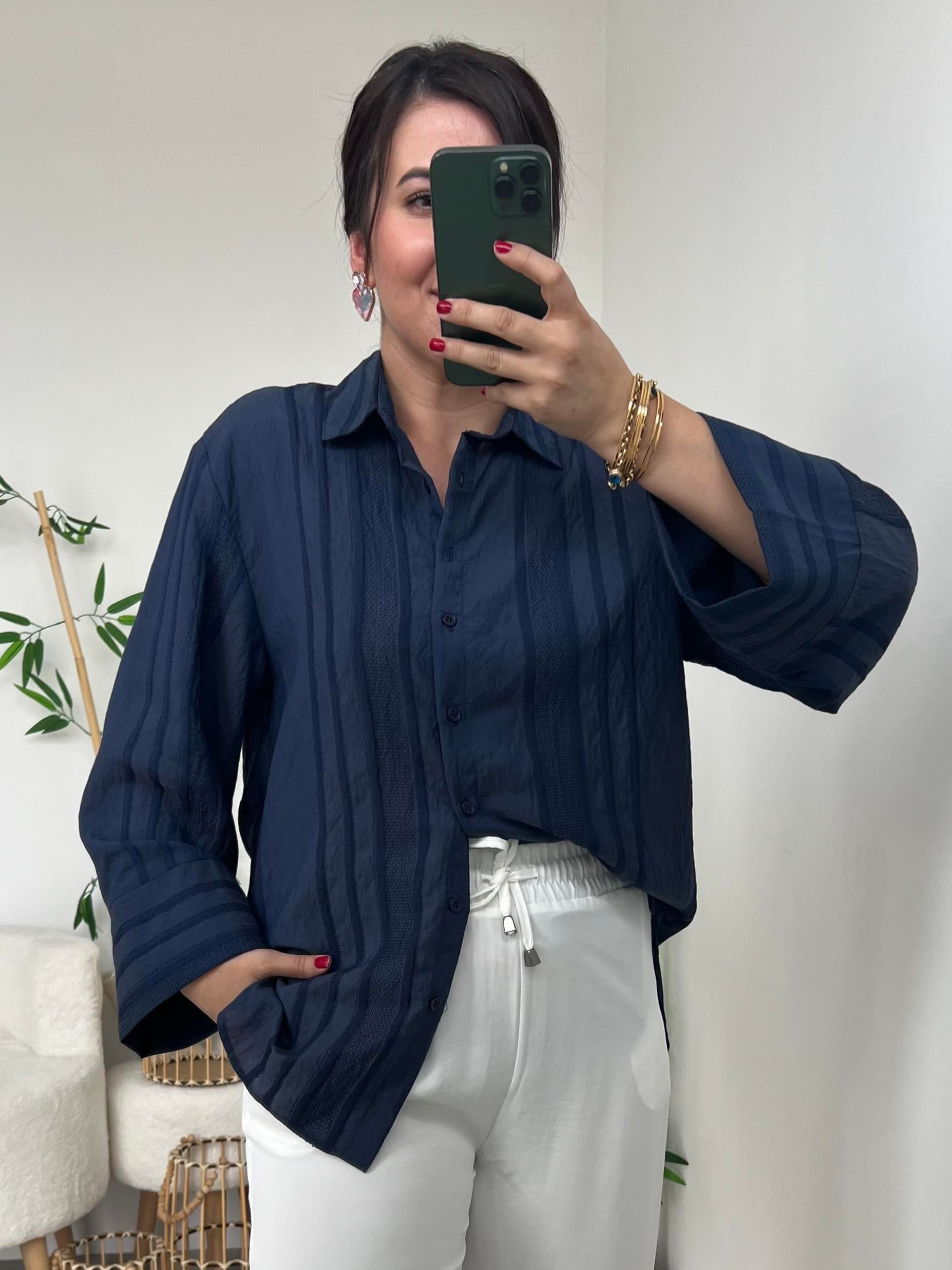 Lacivert Kimono Kol Gömlek