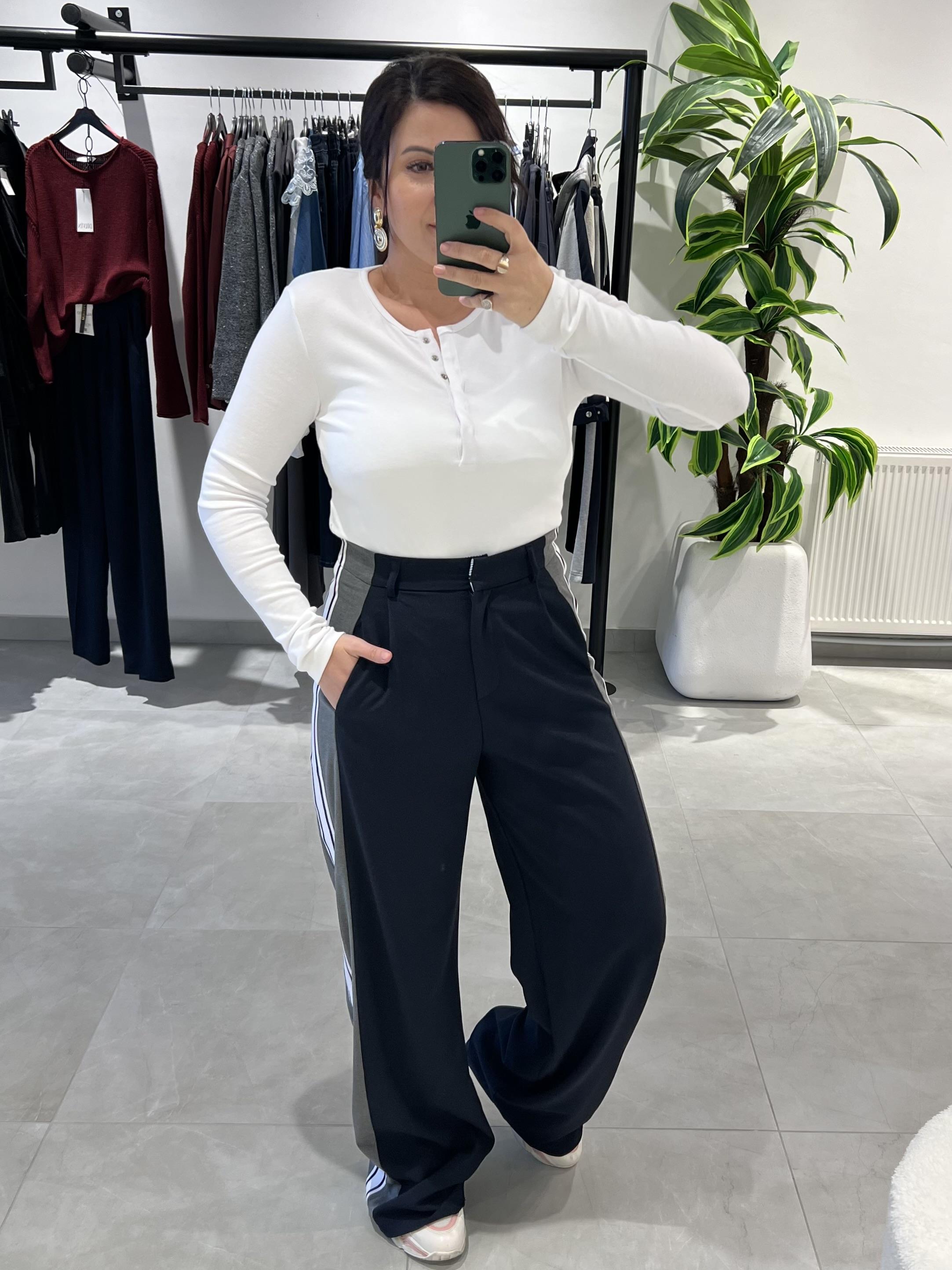 Lacivert Şeritli Yüksek Bel Pantolon