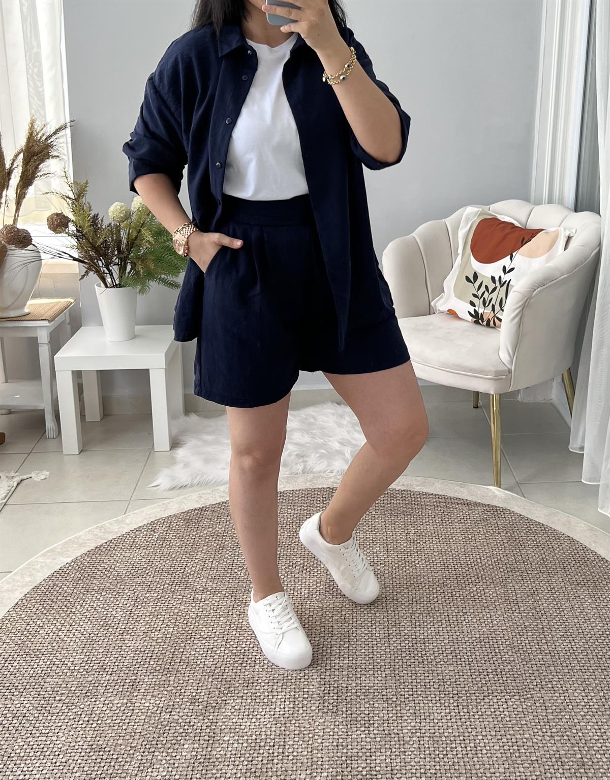 Lacivert Şortlu Keten Takım