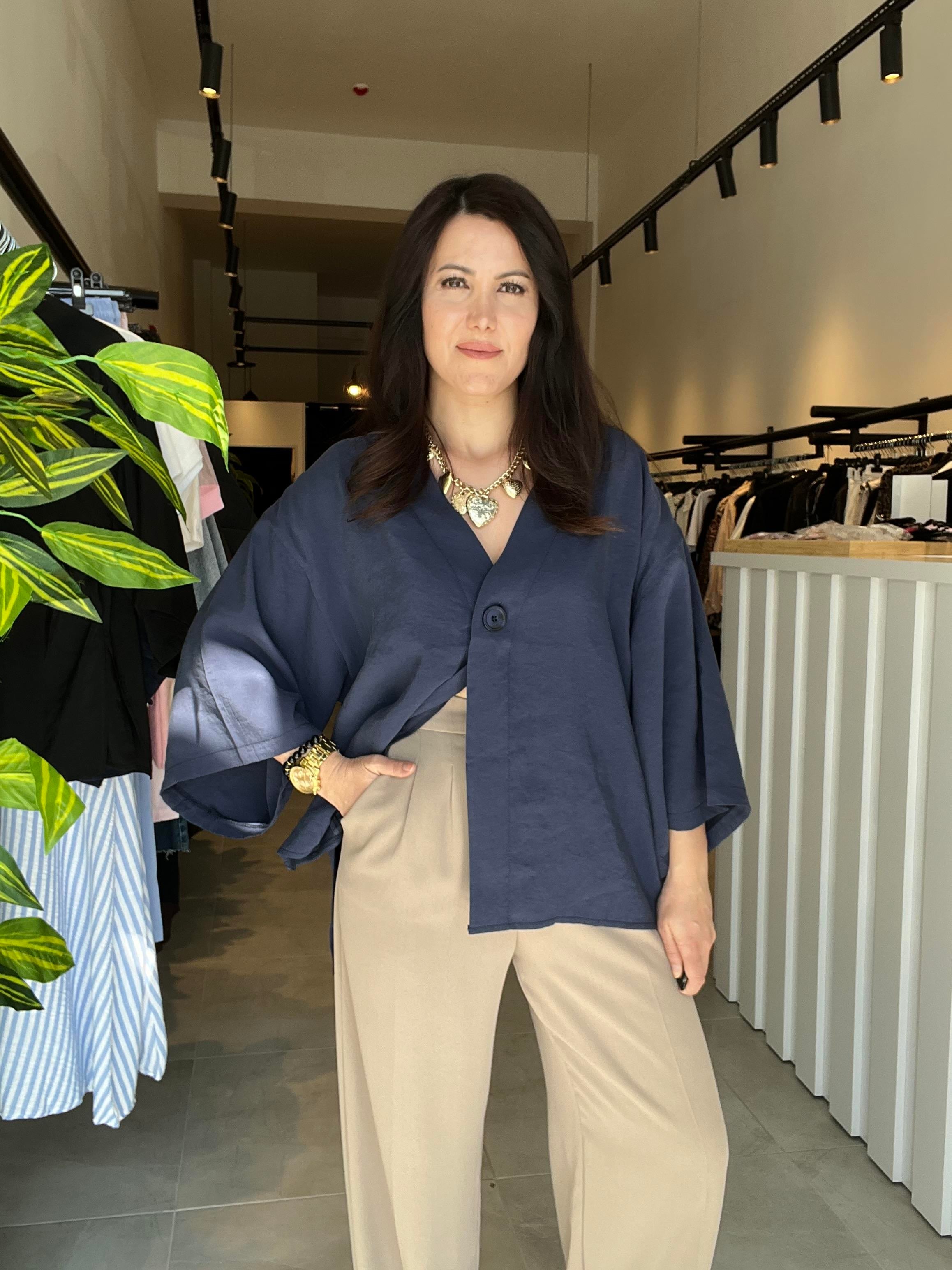 Lacivert Tek Düğme Kimono Gömlek