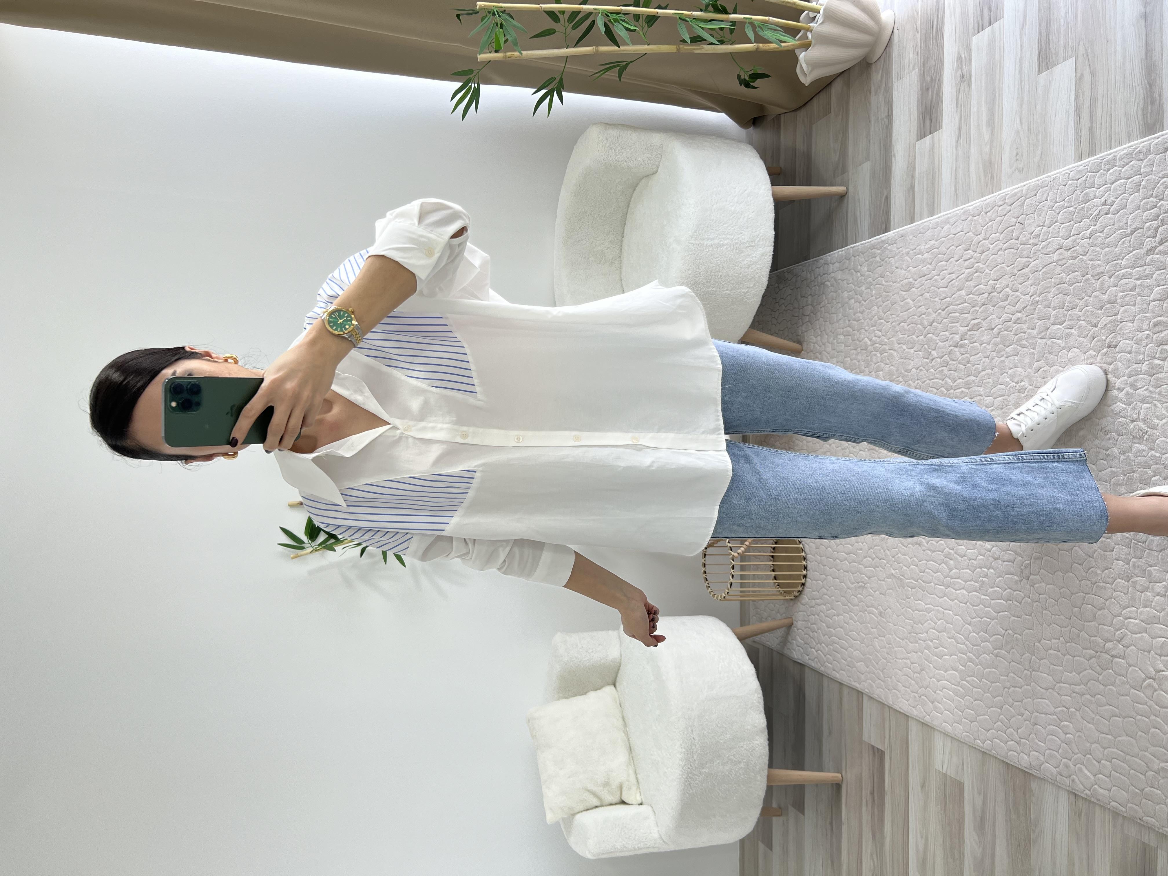 Mavi Çizgi Geçişli Oversize Gömlek 