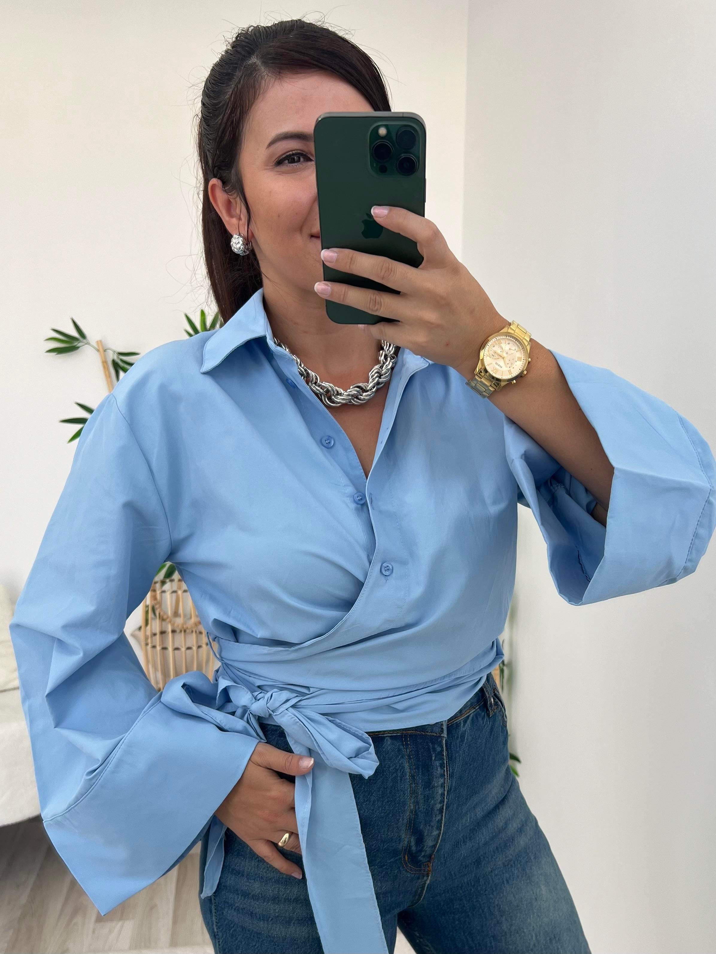 MAVİ ÖNÜ BAĞLAMA DETAYLI GÖMLEK