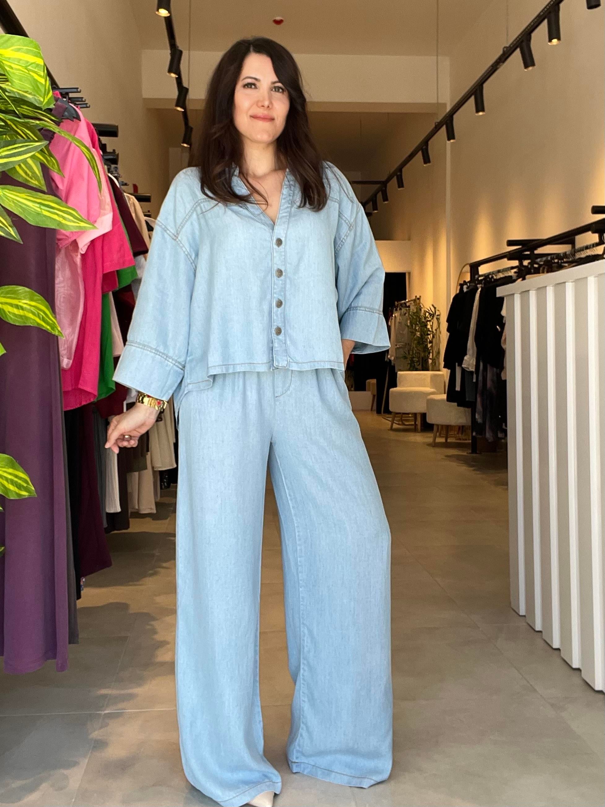 Mavi Tensel Jean Kumaş Premium İkili Takım