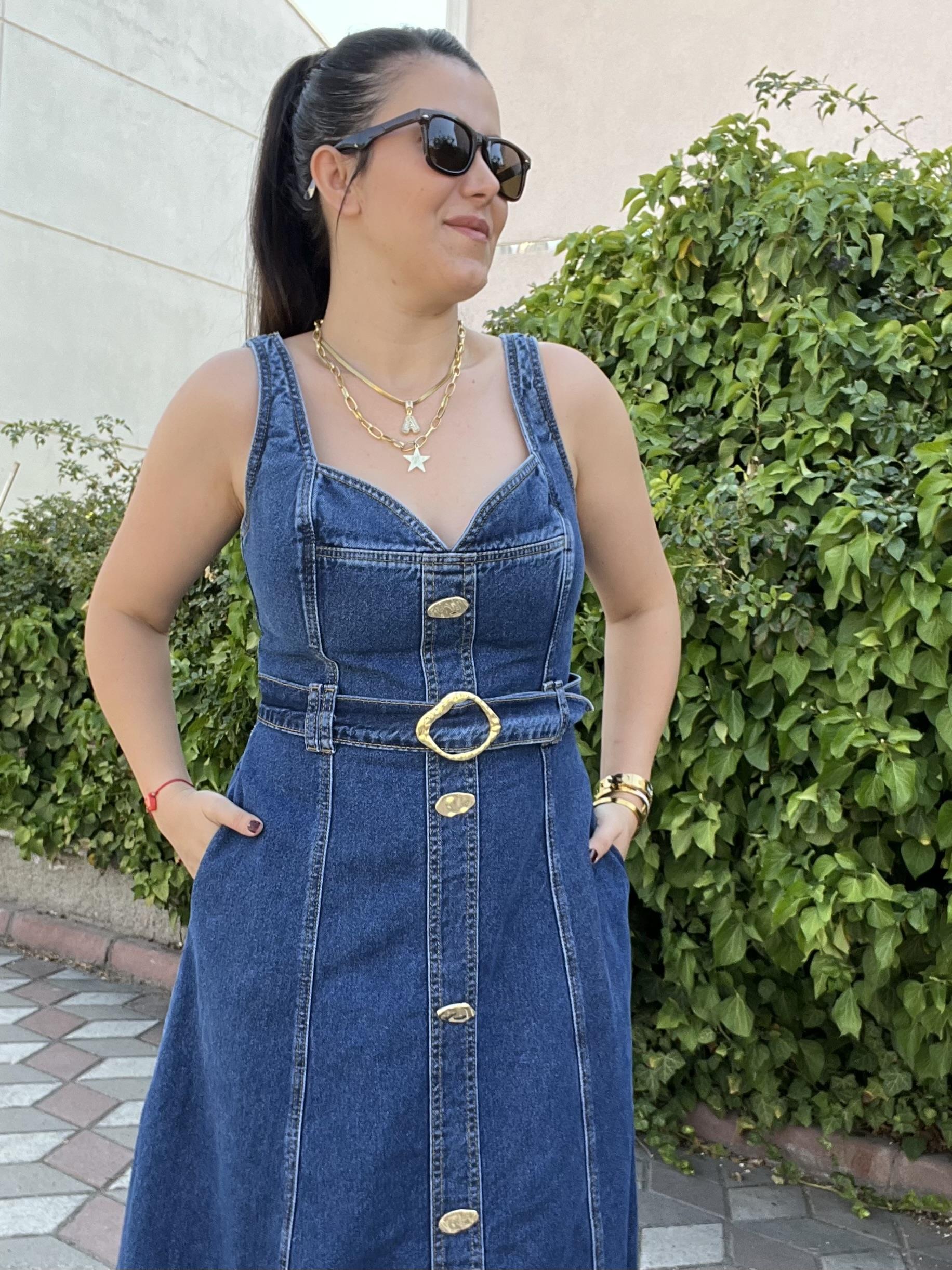 Metal Gold Düğme Detaylı Premium Özel Seri Jean Elbise