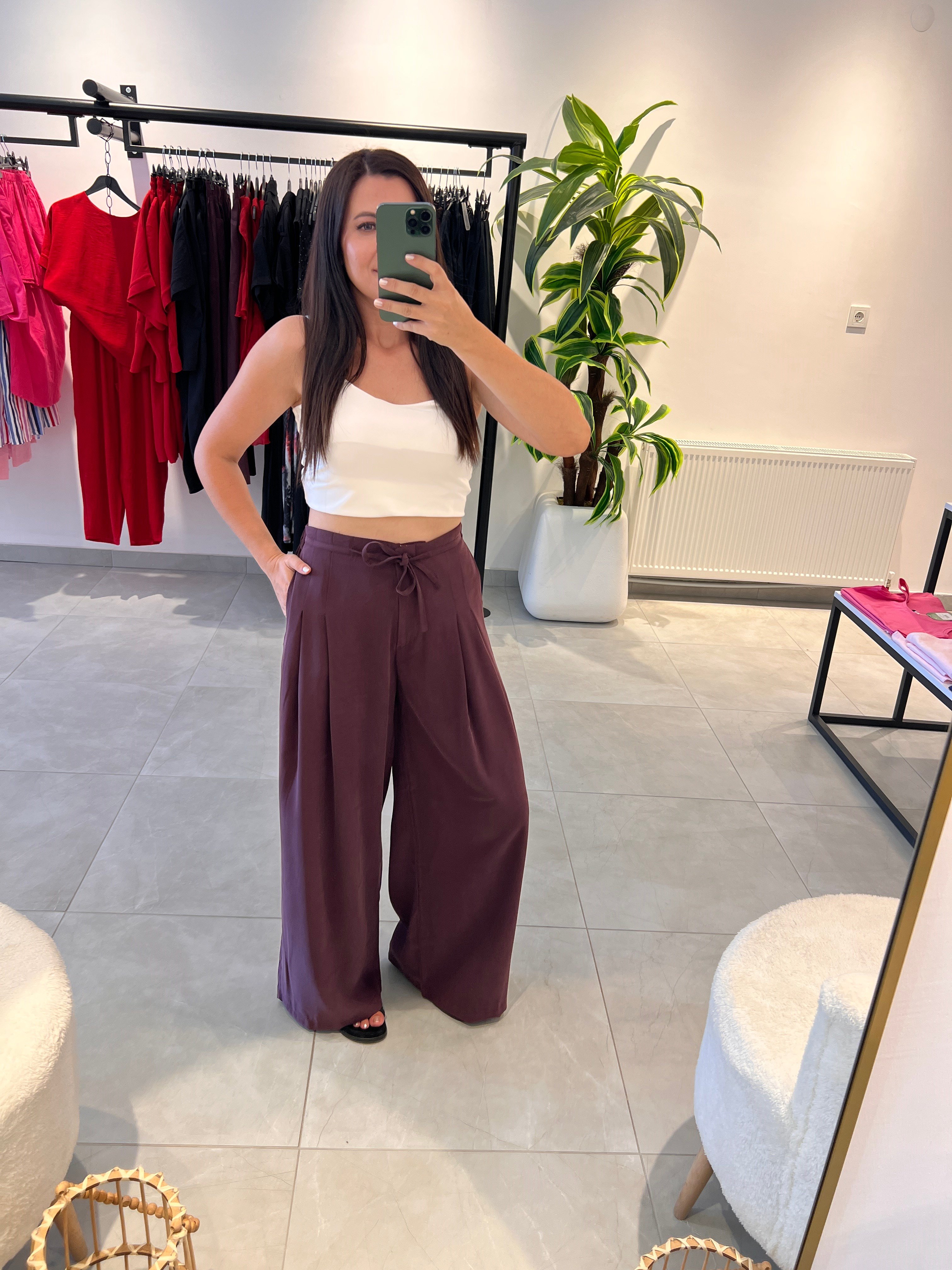Mürdüm Arka Beli Lastikli Bol Pantolon