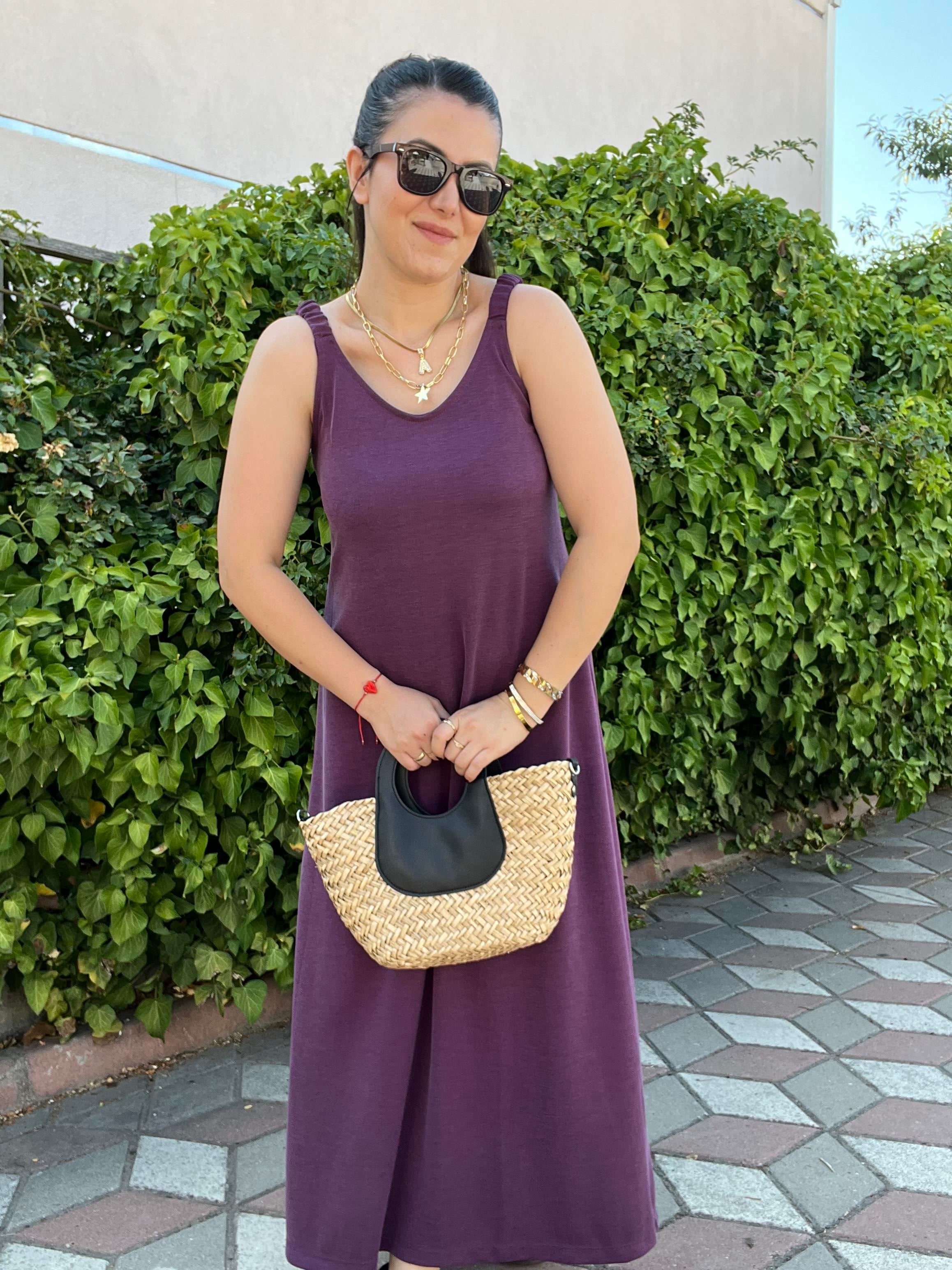 Mürdüm Büzgü Askılı Marka Model Uzun Elbise