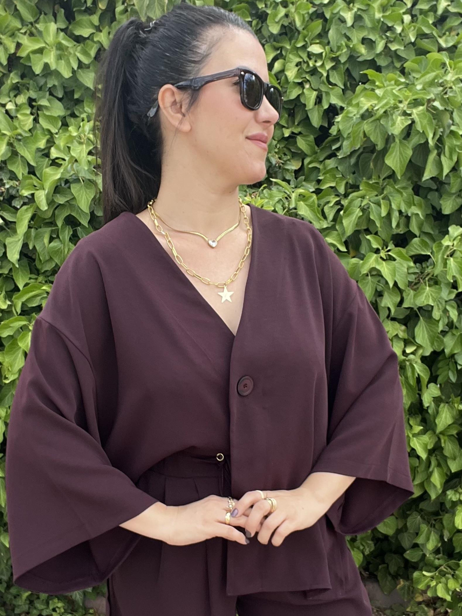 Mürdüm Tek Düğme Kimono Gömlek