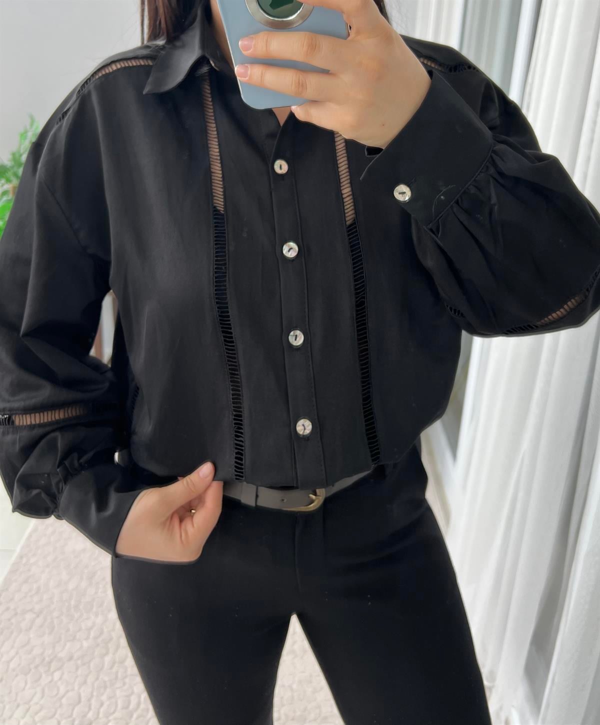 NAKIŞ DETAYLI BALON KOL SİYAH GÖMLEK