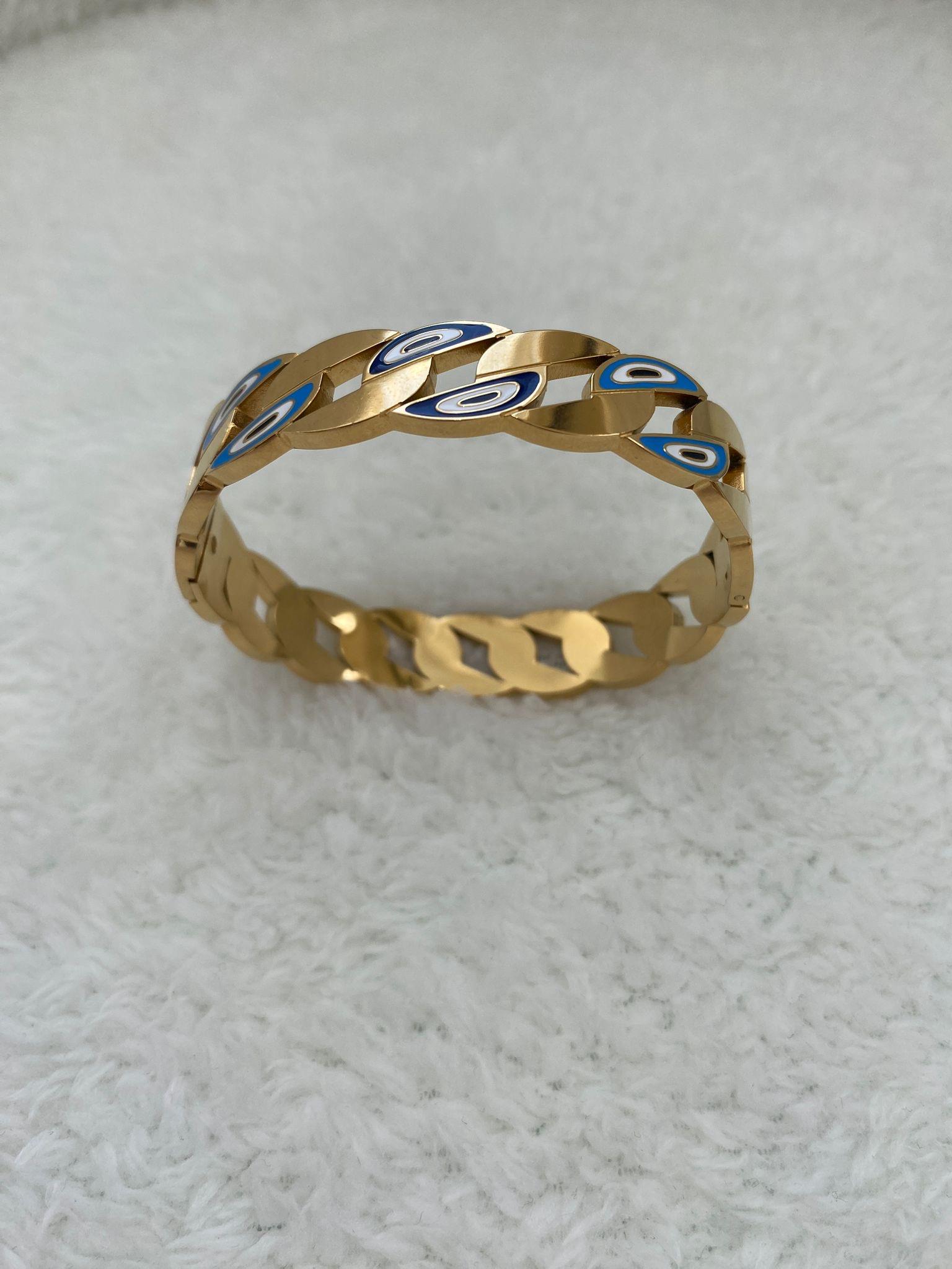 NAZAR BONCUK DESENLİ ÇELİK GOLD KELEPÇE BİLEKLİK